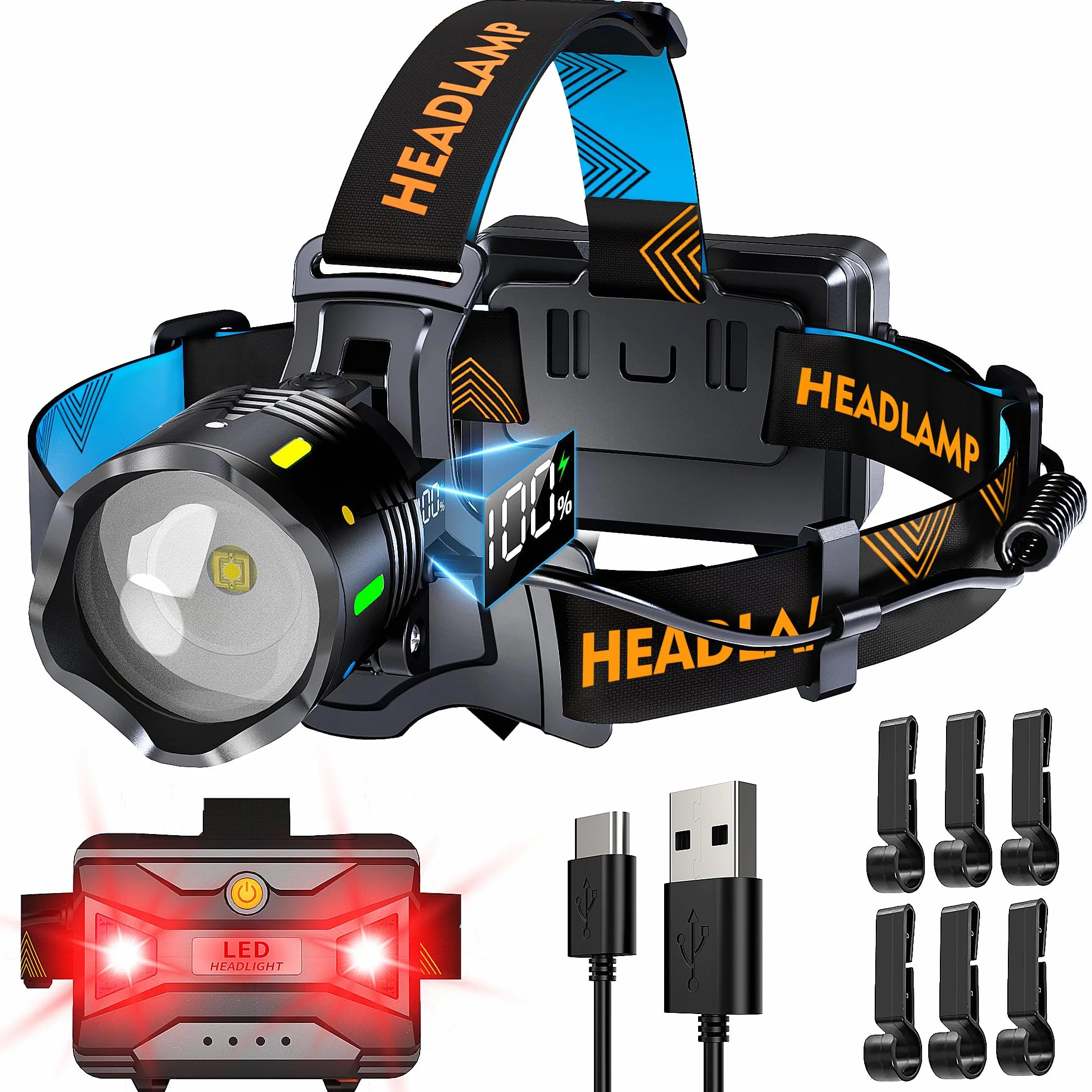 Linterna Frontal LED Recargable 210000 Lux 12 Modos IP65 Impermeable 125°