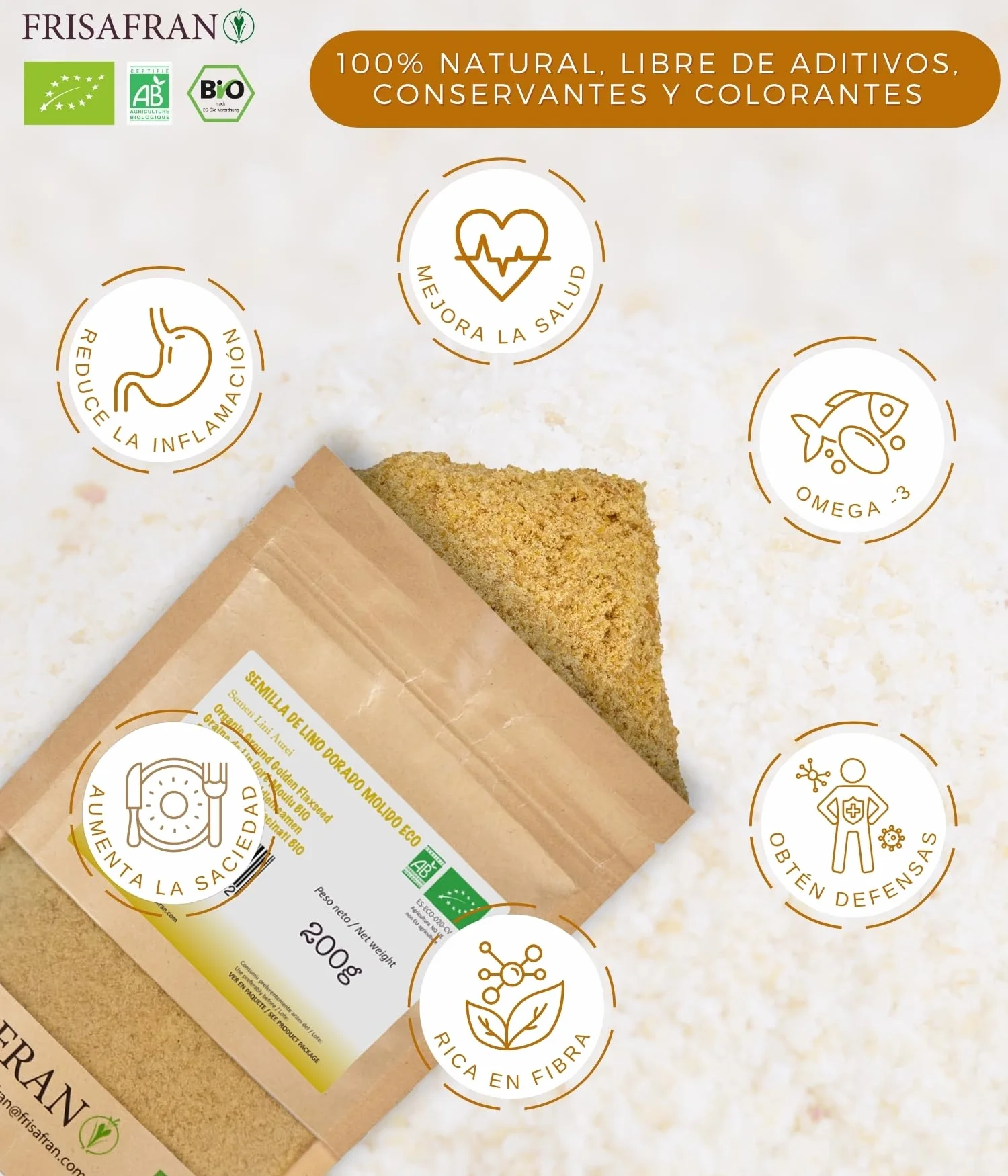 FRISAFRAN | Semilla de Lino Dorado Molida Ecológico 200g | Superalimento Organico | lino dorado | Semillas de lino marrón | Ácidos grasos | Fuente Natural de Fibra | Omega 3 | 100% Vegano | Sin Gluten