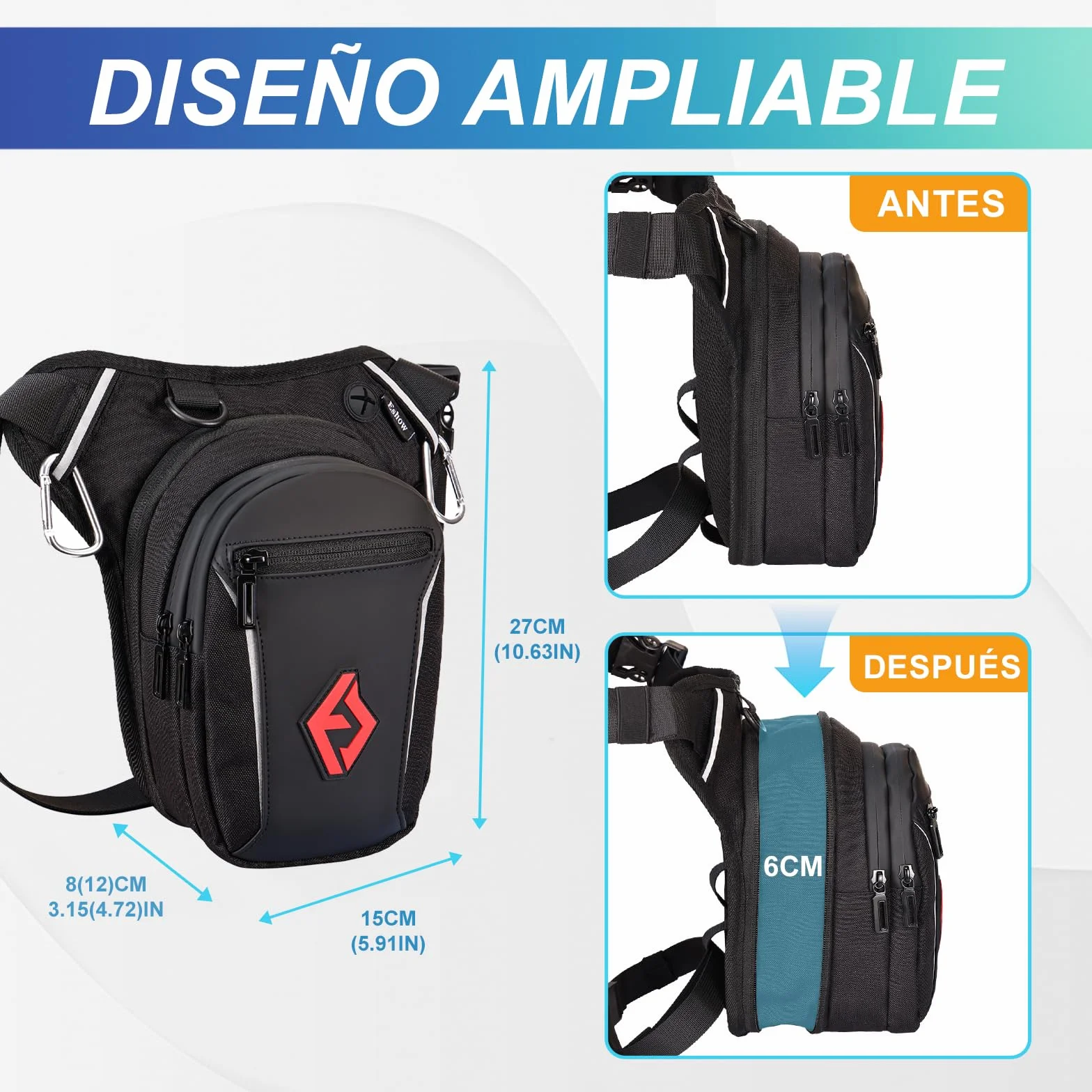 Eshow Pernera Moto Ampliable Bolsa Pierna Ajustable Tira Reflectante Viajes Senderismo Ciclismo Negro