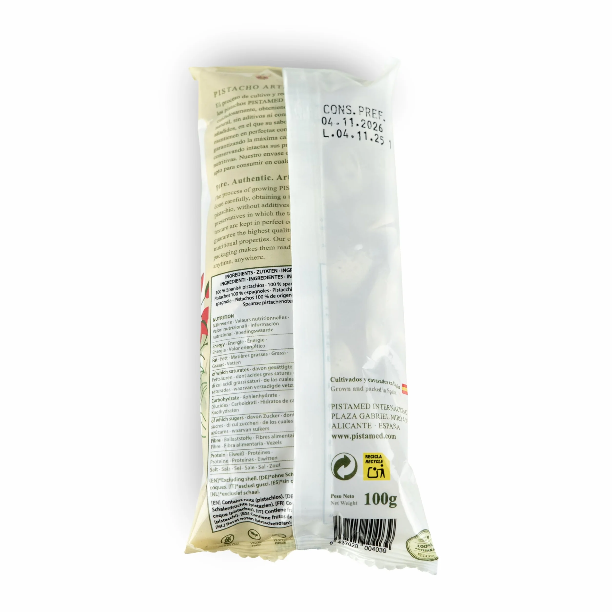 PISTAMED - Pistachos con Cáscara Sin Sal Tostados Artesanalmente - Alto Contenido en Fibra - Apto Veganos y Sin Gluten - Pack 10 x 100 g Formato Individual - Origen España - Snack Natural