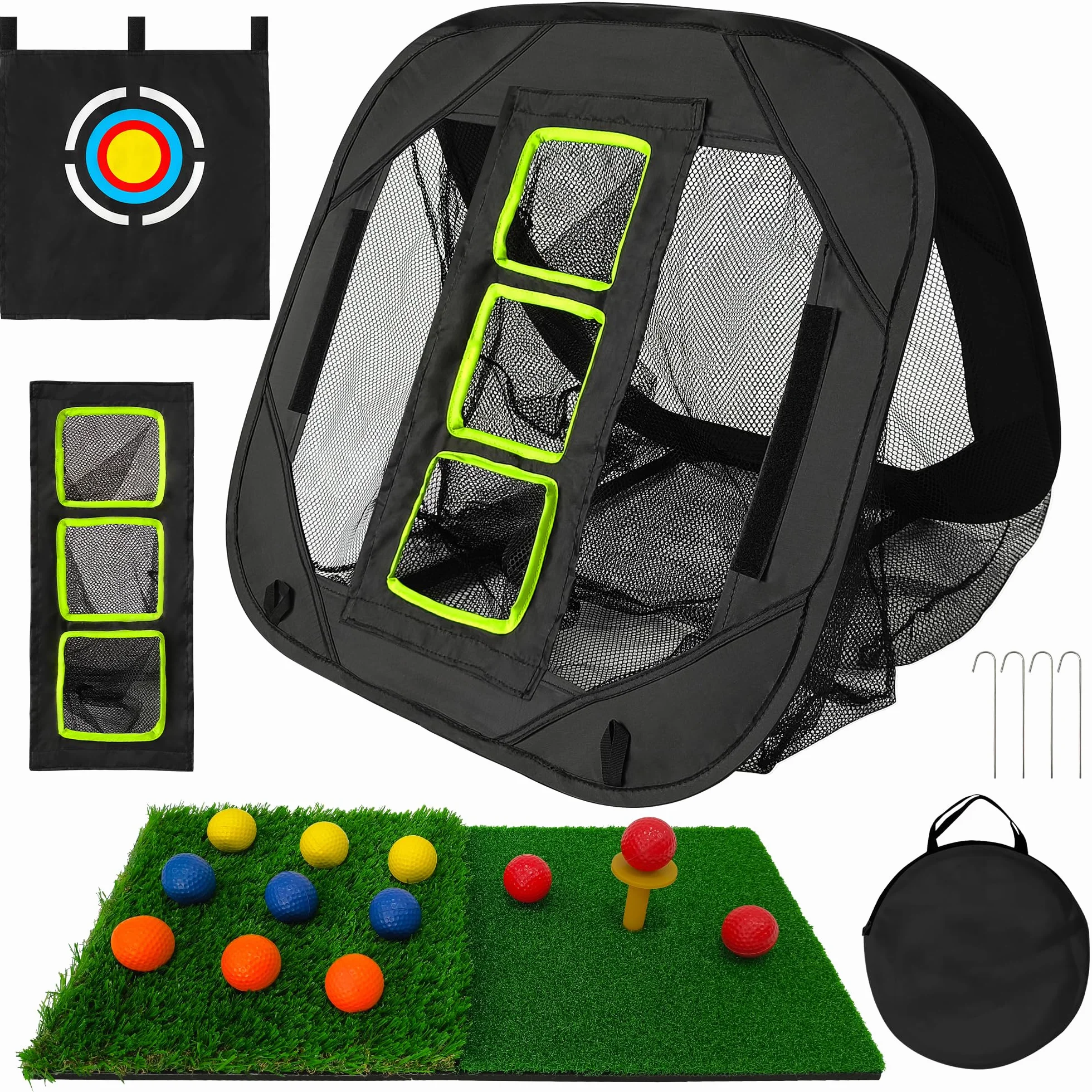 Red de práctica de astillado de golf, equipo de entrenamiento para interiores y exteriores, con alfombrilla de golpeo y 12 pelotas de golf de espuma, negro