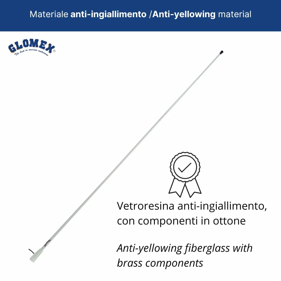 Glomex Antena VHF RA112 1,5 m 3 dB Fibra de Vidrio para Barcos a Motor