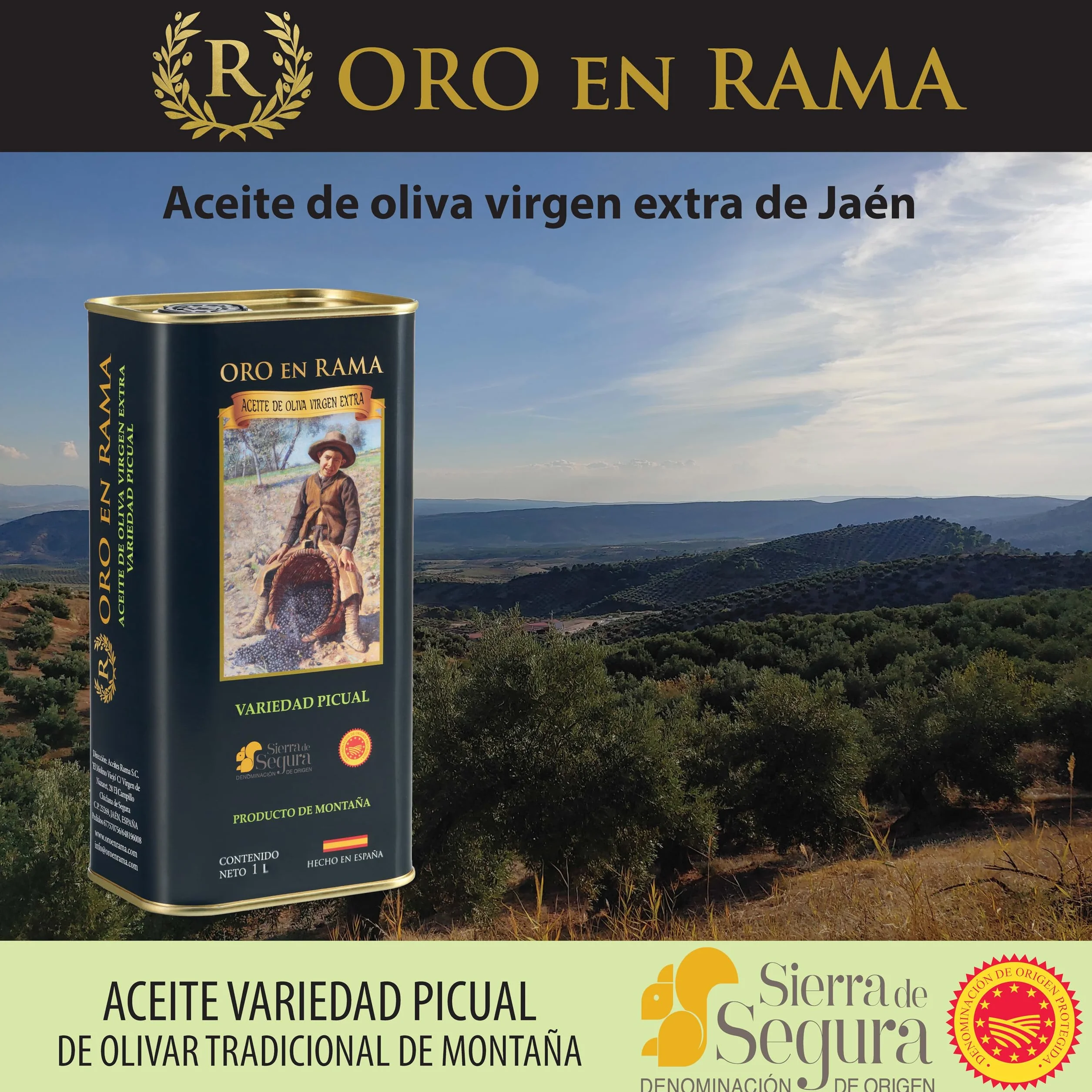 ORO EN RAMA | Aceite de Oliva Virgen Extra 100% Picual de Jaén | AOVE Premium de Primera Extracción en Frío | Aceite de olivar tradicional de montaña | DOP Sierra de Segura | NUEVA COSECHA 25/26 | 1L.