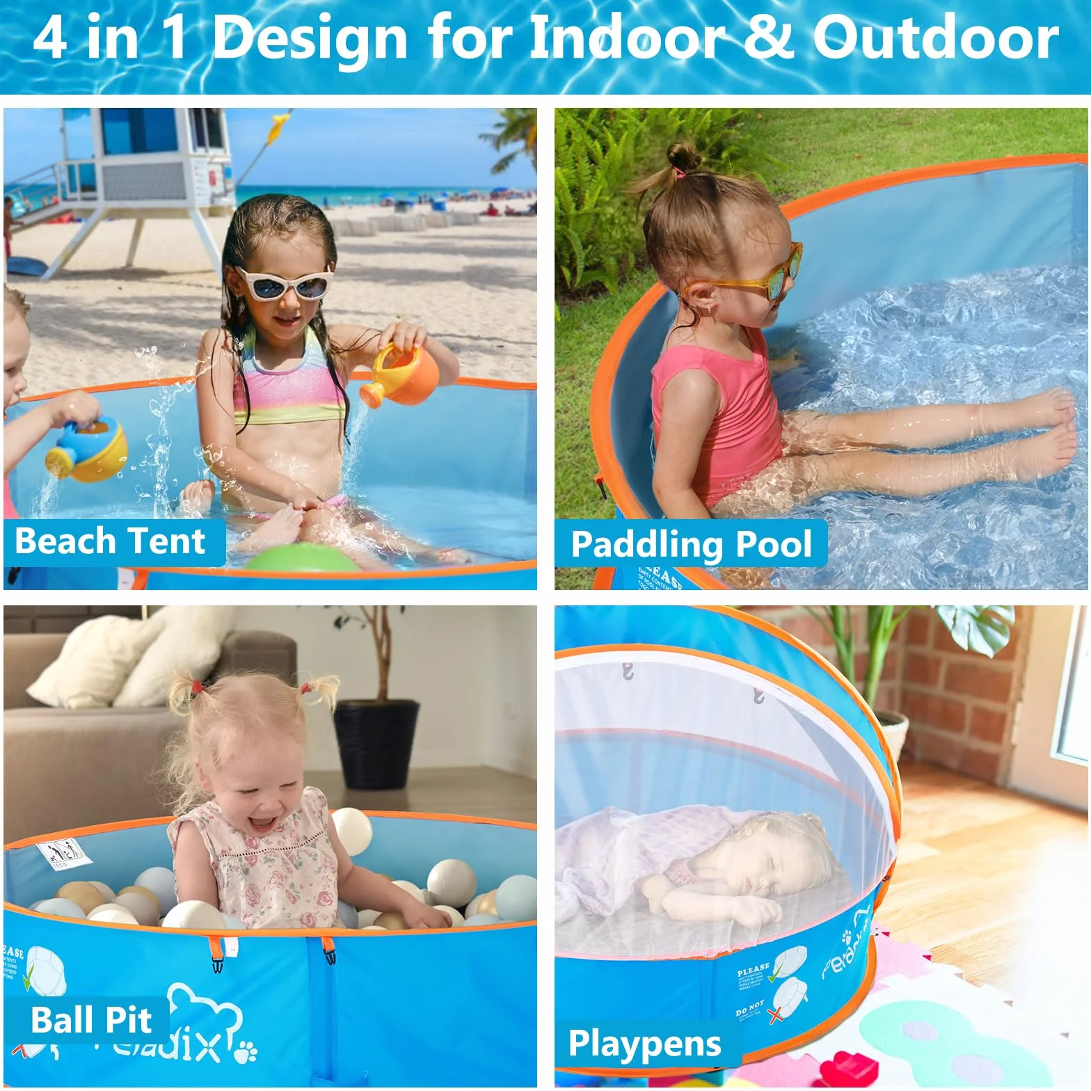 Peradix Splash Pool 4 en 1 con toldo UV y mosquitera portátil para niños