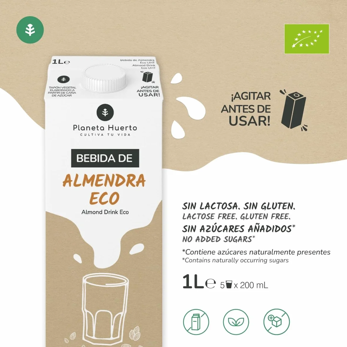 PLANETA HUERTO | Pack 6x Bebida de Almendra Ecológica 1L, 100% Vegetal, Sin Lactosa, Con Grasas Saludables, Fuente de Fibra - Bebida de Avena Ideal para Veganos, Desayunos, Batidos y Cocina Natural