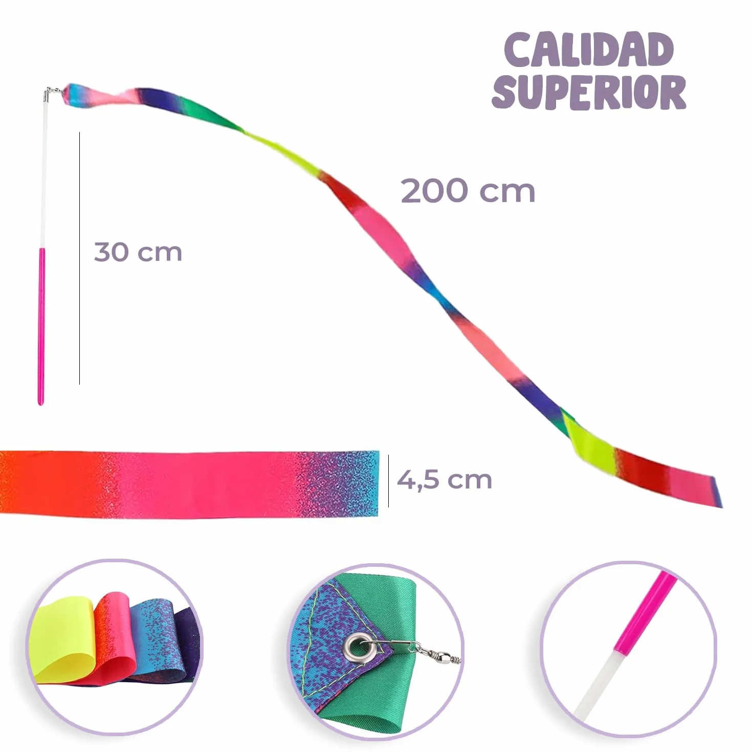Cintas de Gimnasia Multicolores 2 Metros para Danza, Gimnasia Rítmica, Circo, Ejercicios de Suelo, Competición