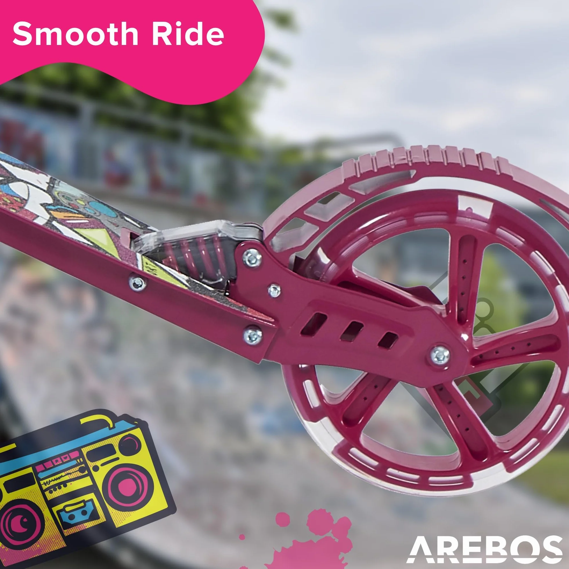 Arebos City Scooter Plegable Regulable en Altura con Ruedas LED y Freno de Mano