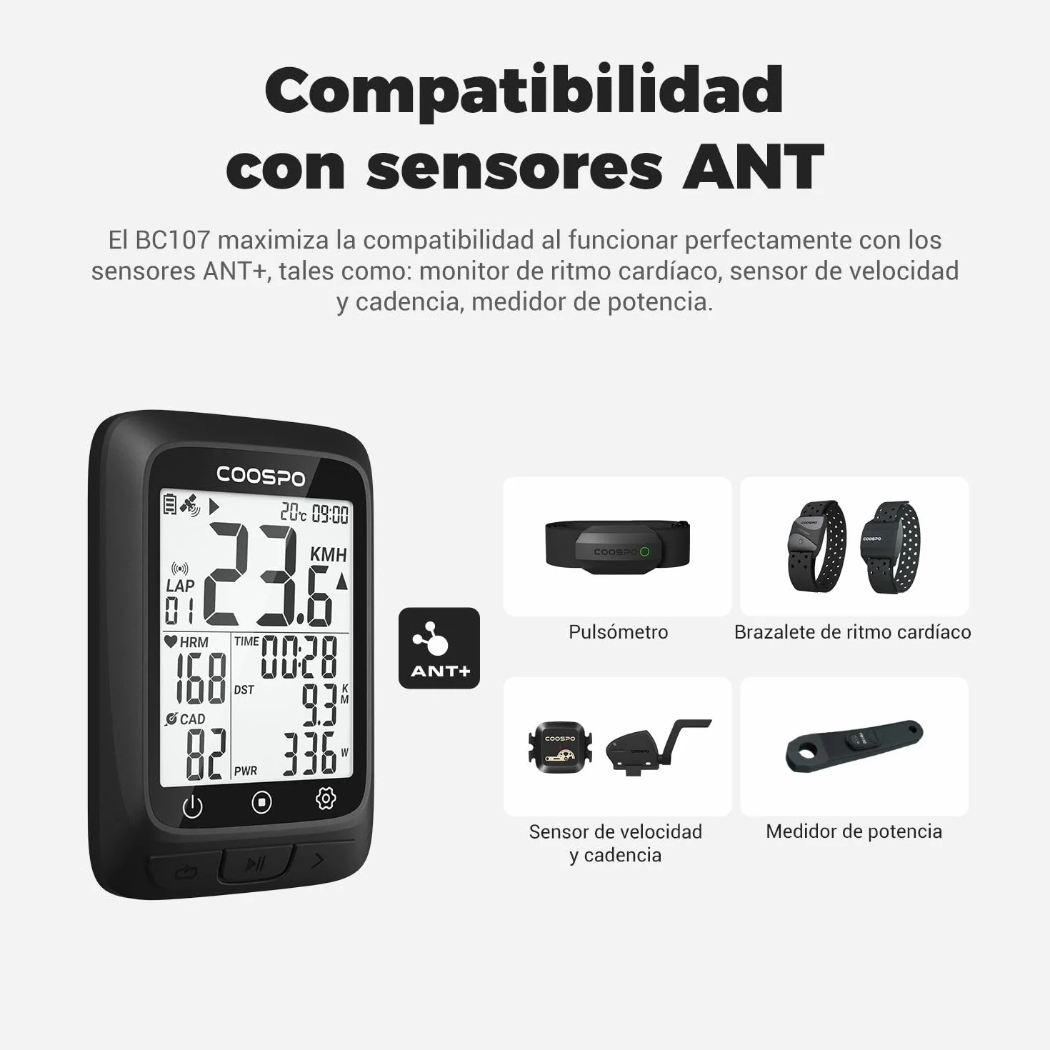 COOSPO BC107 GPS Computadora de Bicicleta Ant+ BLE5.0 IP67 Impermeable 2,4" Retroiluminada