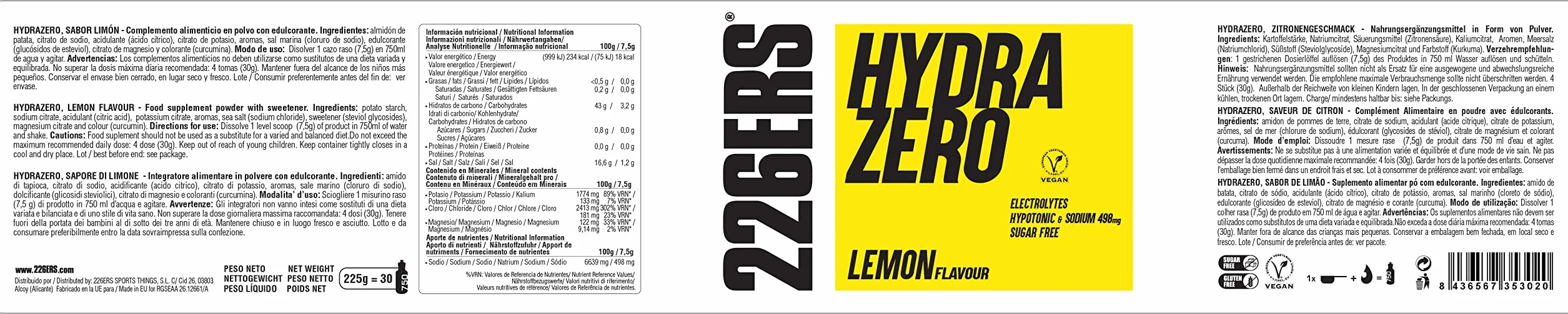 226ERS Hydrazero Bebida Hipotónica Deportistas Sales Minerales Electrolitos Hidratación Recuperación Energía Vegano sin Gluten Sabor Limón 225 g