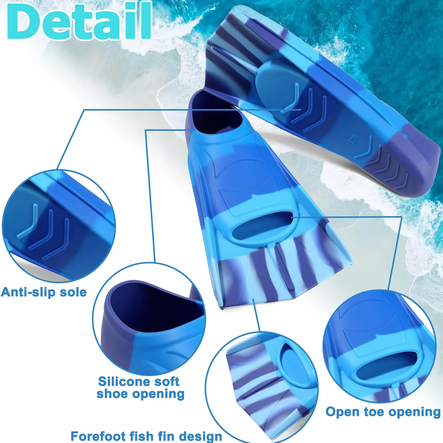 Aletas de natación para niños, silicona cortas, entrenamiento natación regazo, azul oscuro