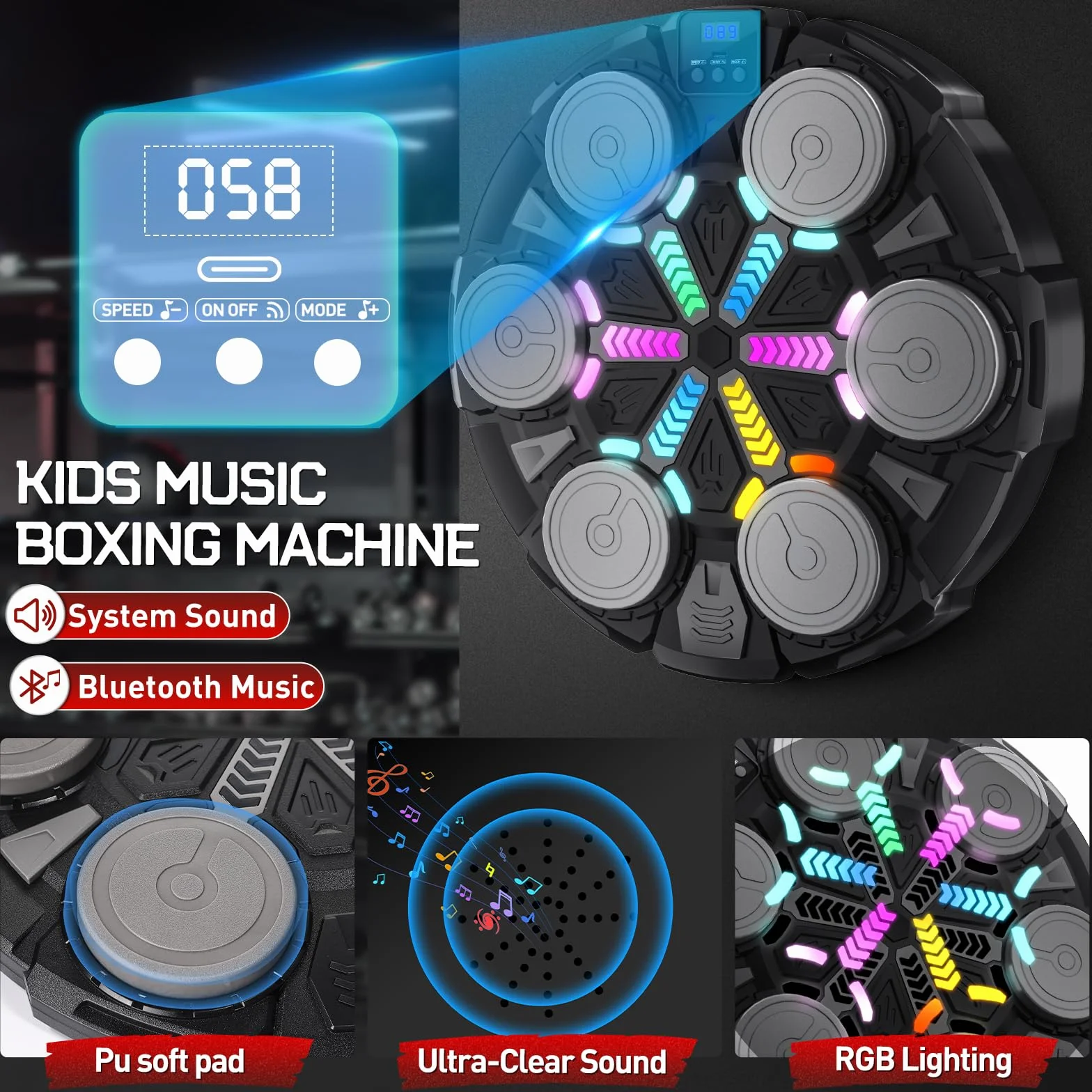 Máquina de Boxeo Musical Bluetooth con Conteo y Luces Ajustables para Entrenamiento en Casa