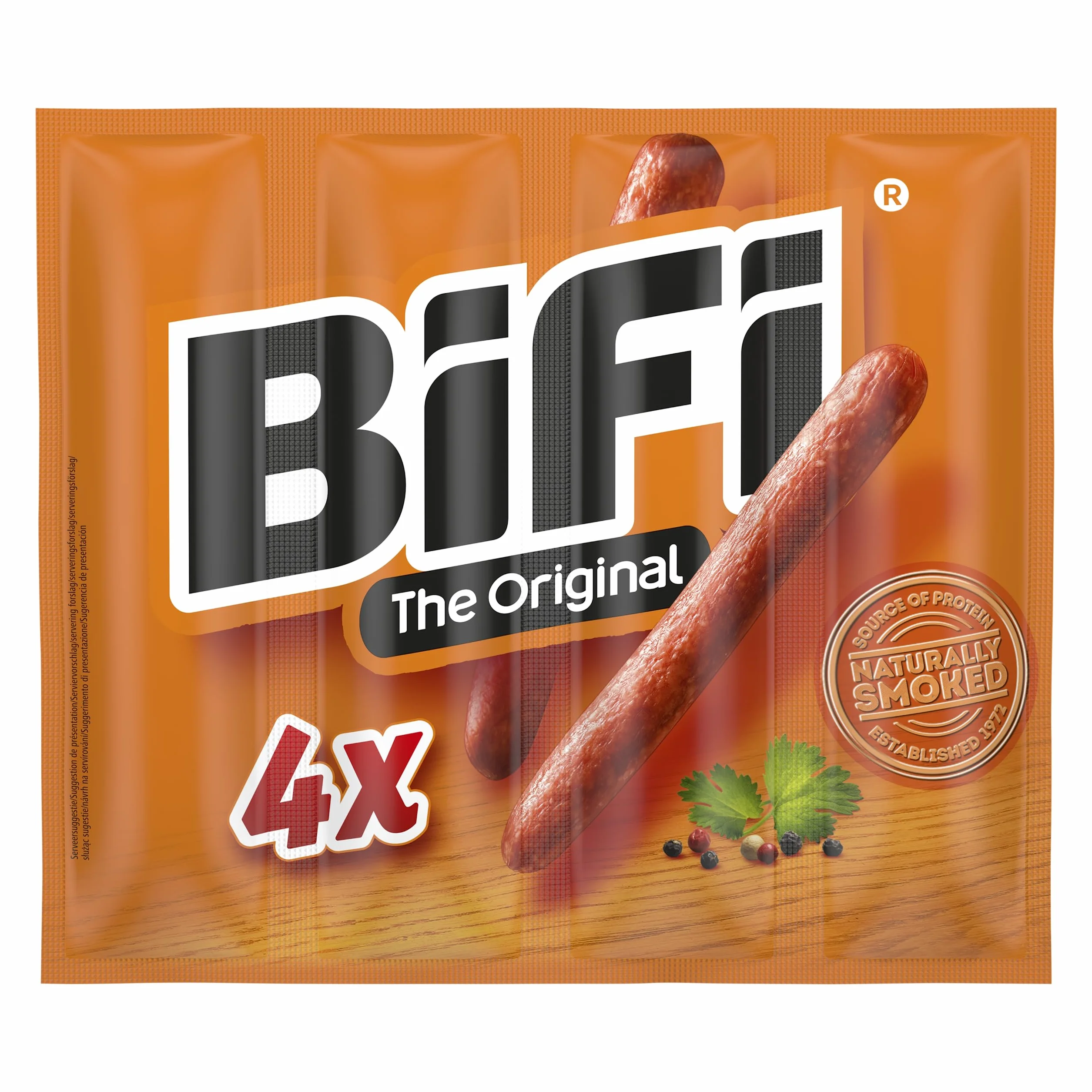 BiFi Original Tiras de salami, paquete de 64, 64 x 18,5 g, salchichón desecado para comer sobre la marcha, al aire libre, pimienta, cilantro y ajo, caja óptima para aperitivos