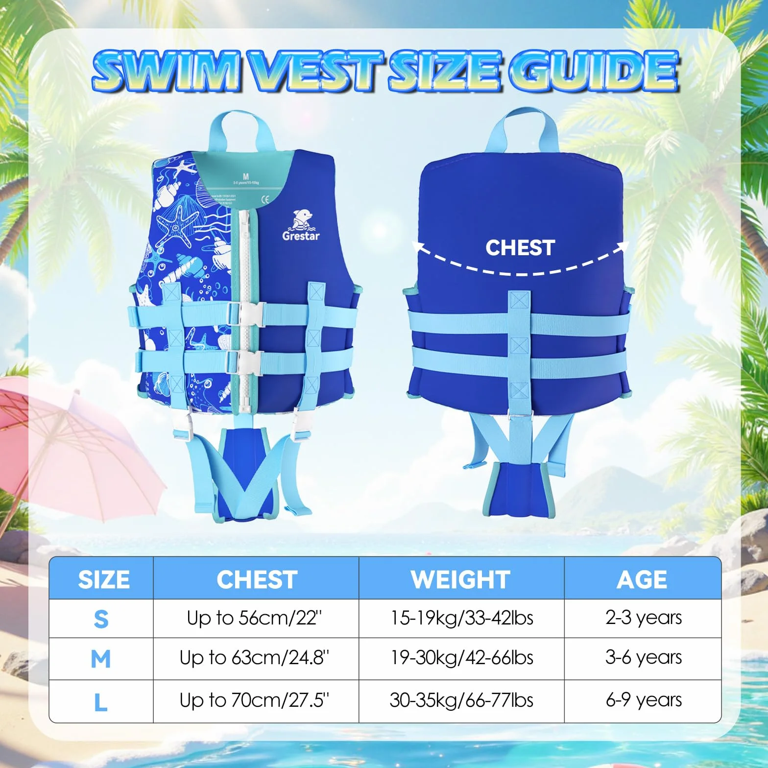 Grestar Chaleco Flotador Infantil Neopreno 2-9 Años 15-35 kg