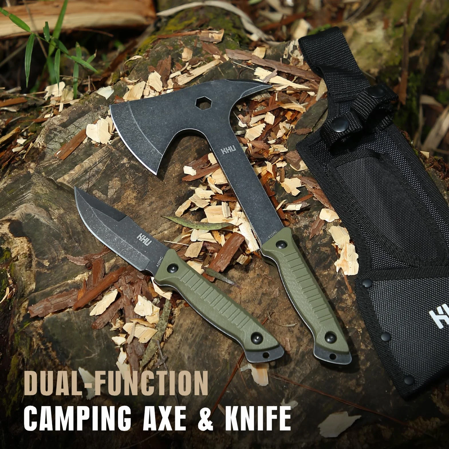 KHU 420HC Acero Cuchillo de Caza Hacha Supervivencia Hoja Fija con Funda Camping Bushcraft 07A