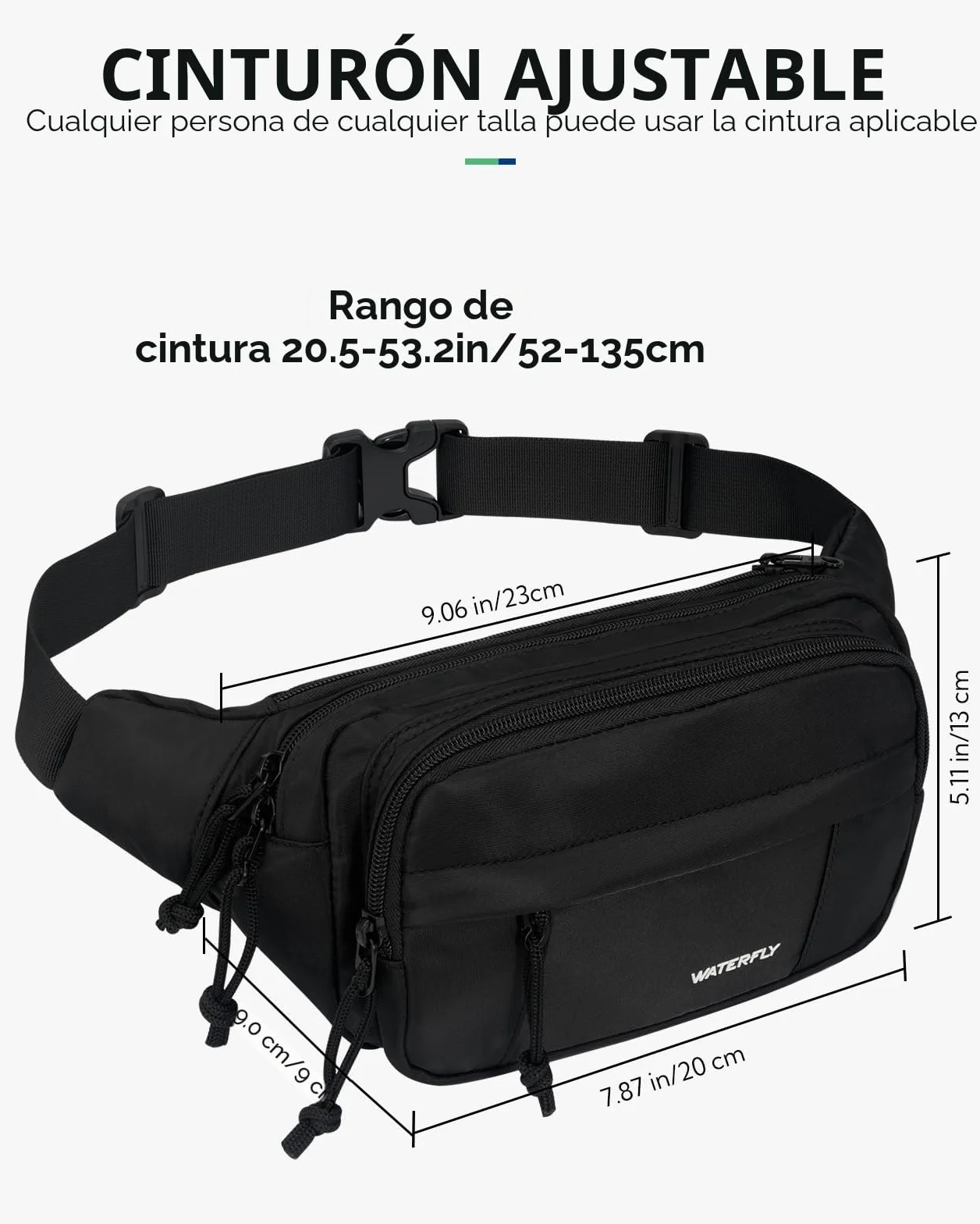 Waterfly Riñonera Grande Bolsa de Cinturón 4 Bolsillos Cremallera Cinturón Ajustable