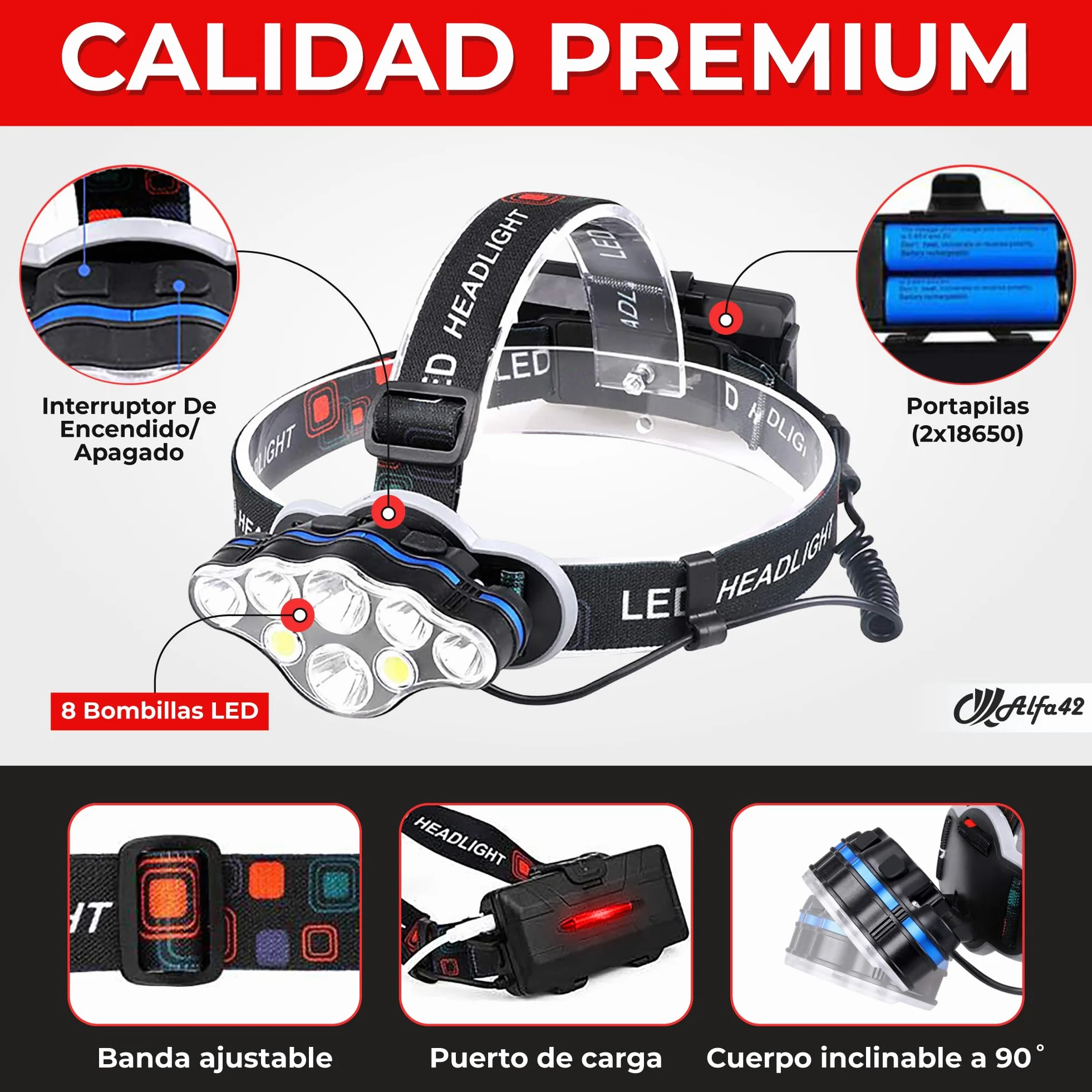 Linterna Frontal LED Recargable 18000 Lúmens IP44 Impermeable 8 Modos Luz Roja Trasera Ángulo Ajustable 90°
