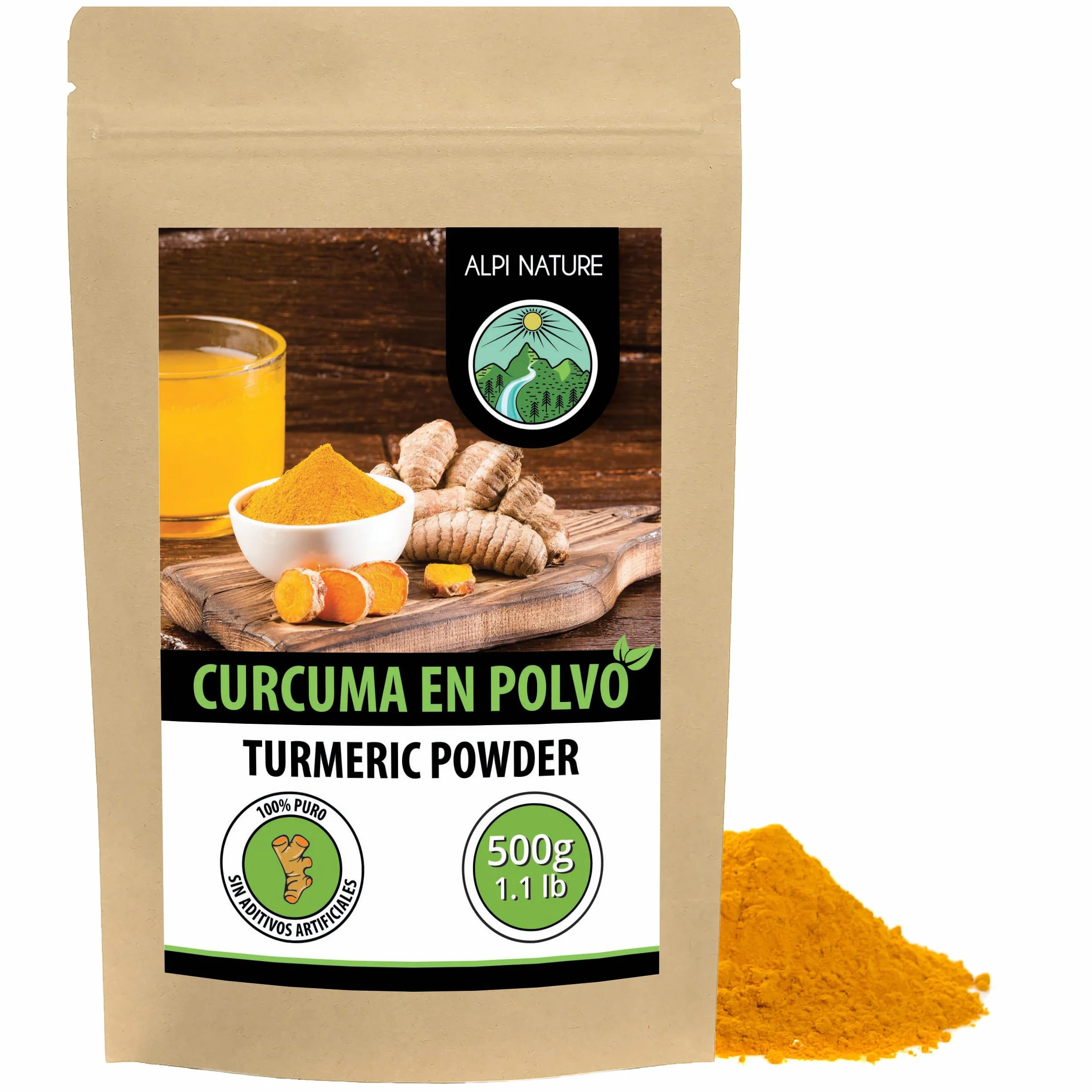 Alpi Nature Cúrcuma en Polvo 500g, Raíz de Cúrcuma Molida para Cocinar y Preparar Leche Dorada