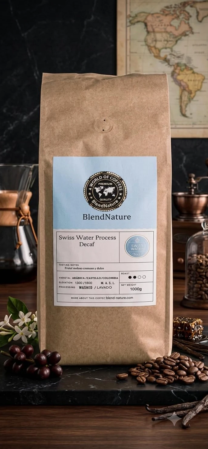 Café Descafeinado Swiss Water en Grano 1kg Natural–Procesado en Canadá utilizando únicamente agua y tiempo elimina la cafeína en un 99,9% Conserva todo su sabor–Libre de productos químicos