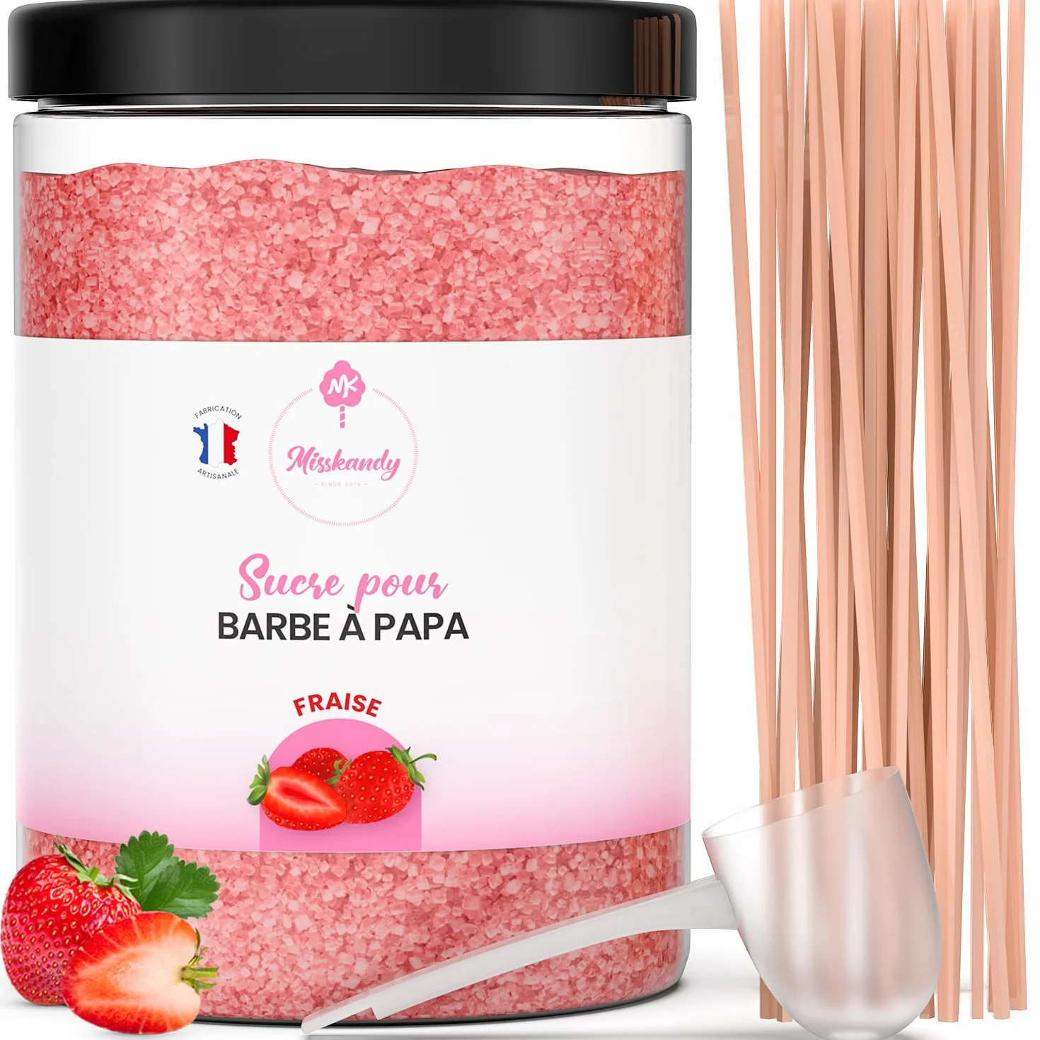Misskandy-Azúcar para Algodón de Azúcar, Fresa 1,4 kg (Sabores y Colorantes Naturales) +50palitos