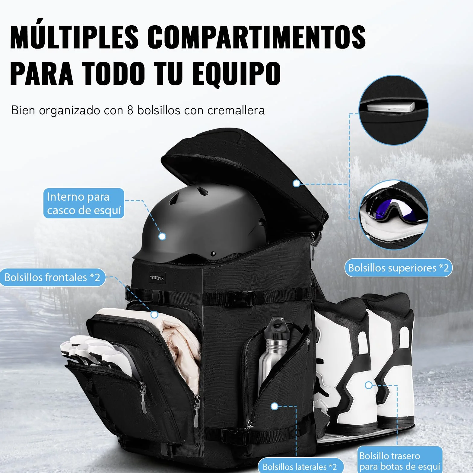 YOREPEK Mochila Bolsa Botas Esqui 65L Impermeable Casco Snowboard Negro