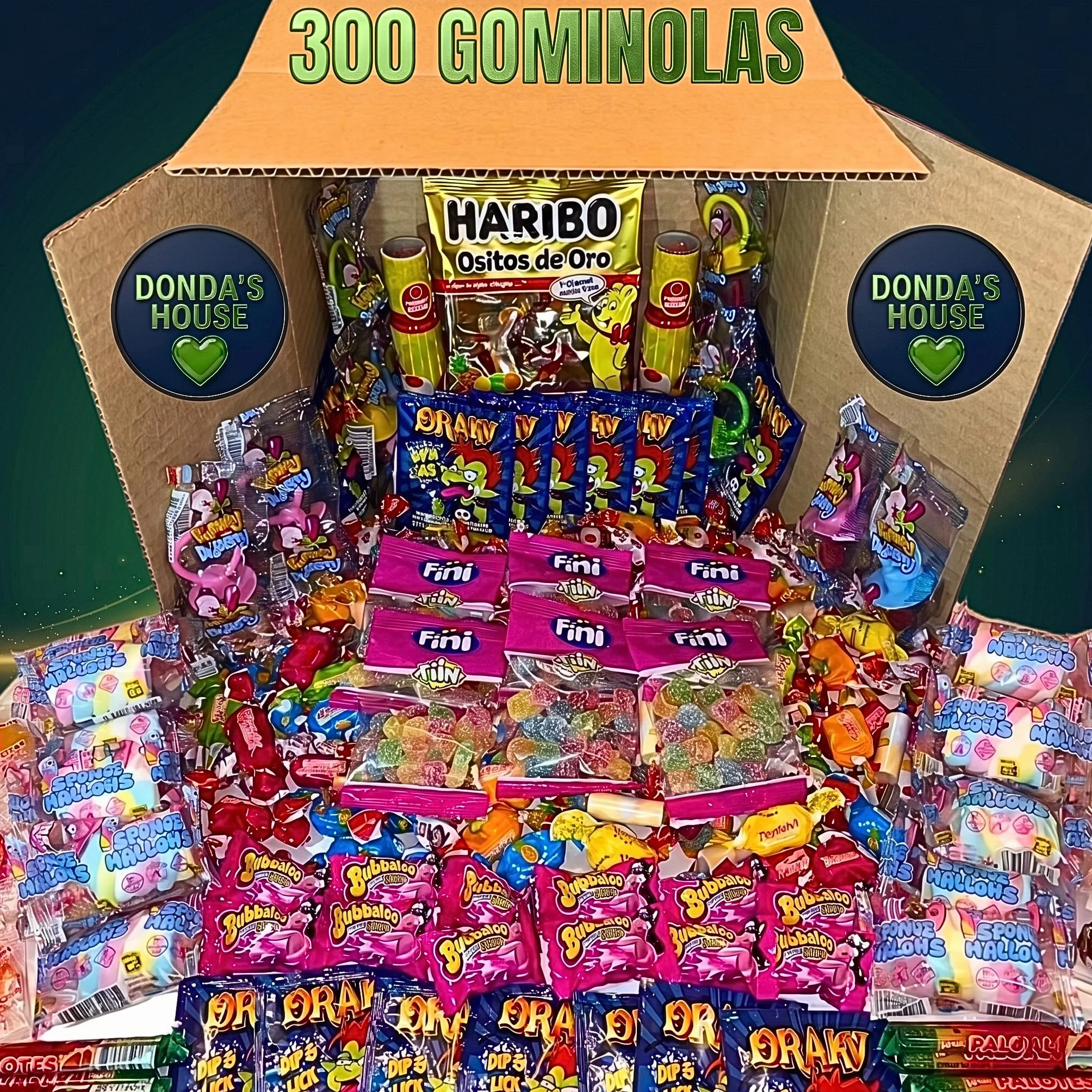 Donda's House® Caja de chuches 300 Ud. Caramelos y Golosinas. Gominolas Para Cumpleaños, Chuches para Piñatas, Todo el surtido envuelto individualmente. (Grande 300)