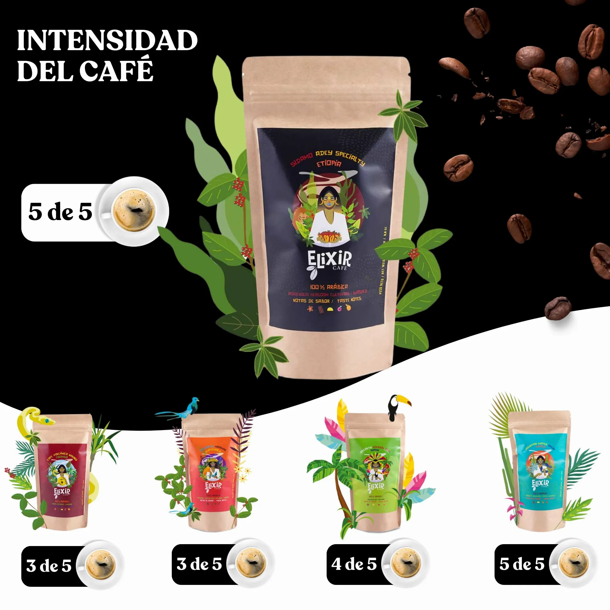 Cafe En Grano Natural 1kg Elixir - Cafe Especialidad Etiopía | Café En Grano 1kg | Café Arabica Etiopía | Intenso 5/5