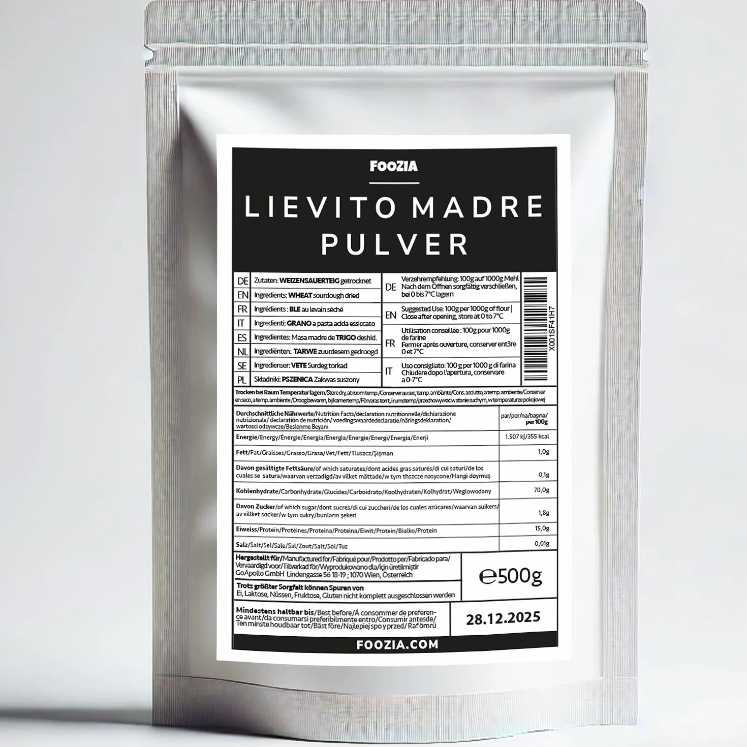Lievito Madre - Masa fermentada de trigo seca en polvo con fuerte fuerza motriz de 500 g Foozia