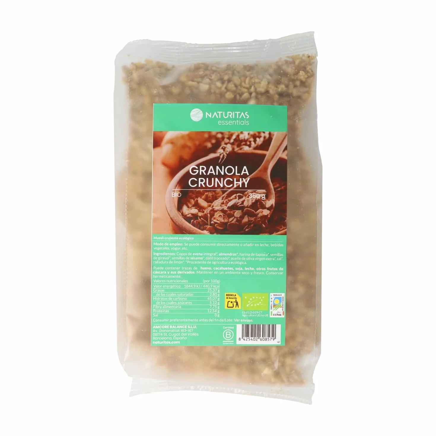 Granola natural crunchy baja en azúcar | 350 g | Naturitas Essentials | Granola baja en azúcar | Con avena, frutos secos y semillas | Mueslis y Cereales de Desayuno