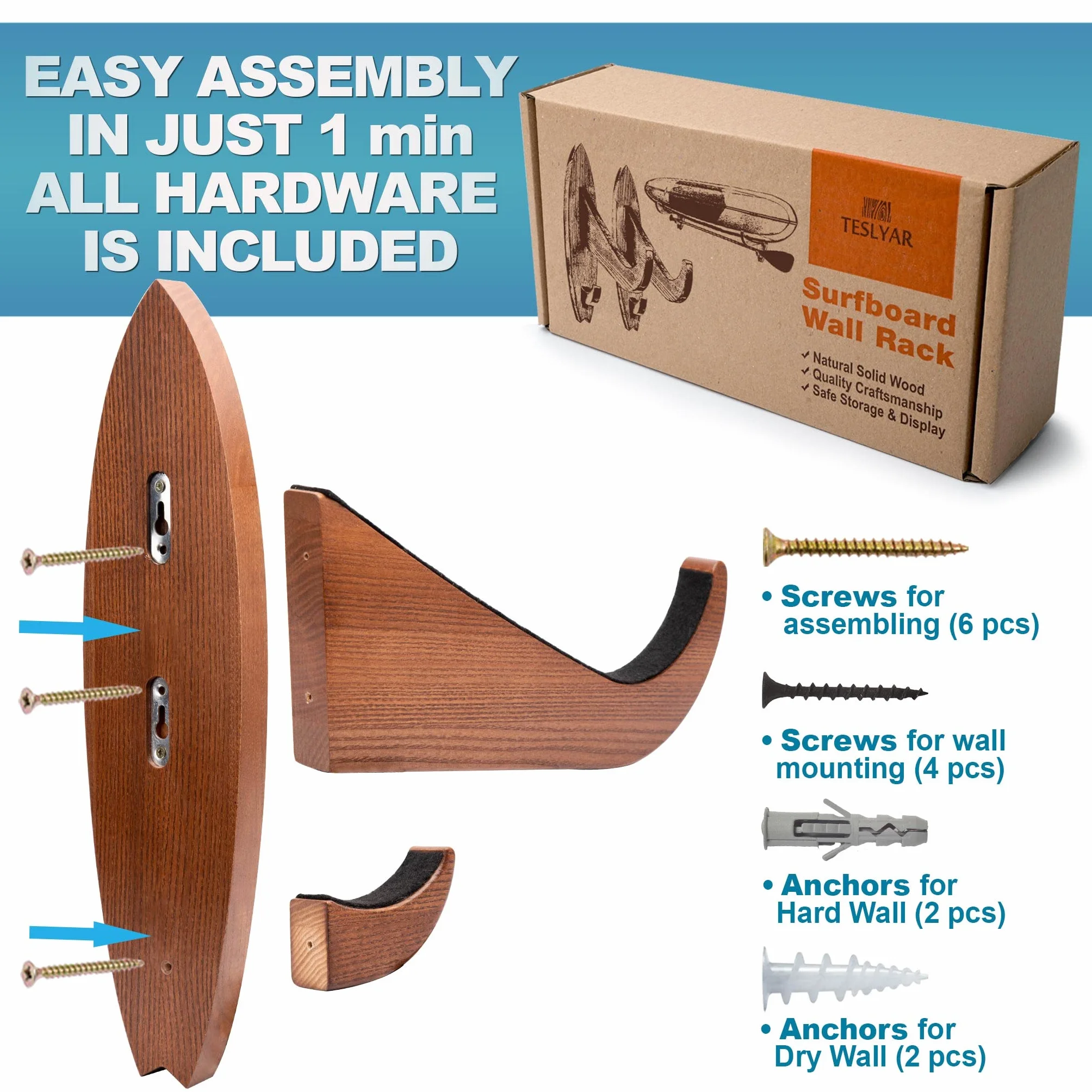 TESLYAR Soporte para tabla de surf madera de fresno acabado natural marrón grande