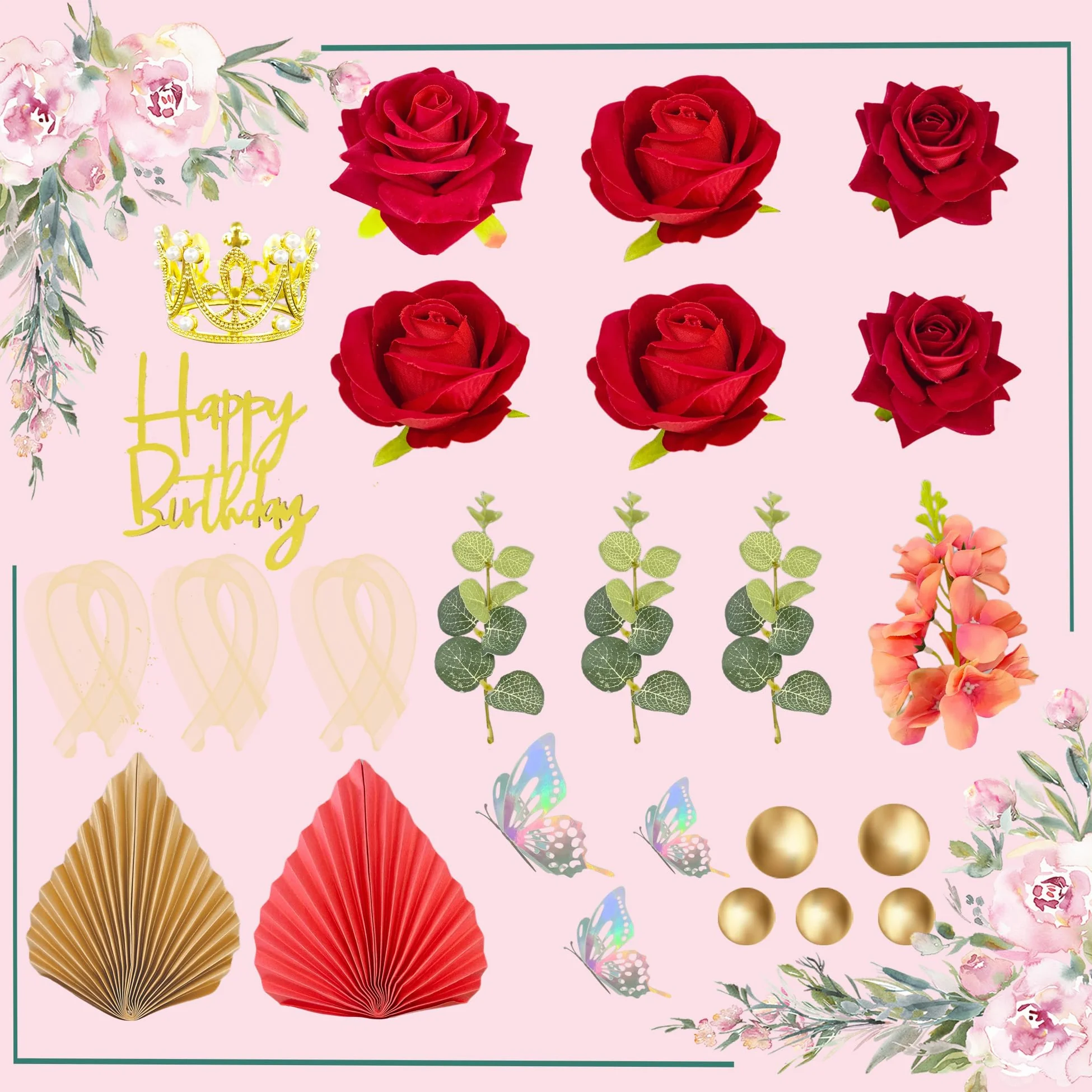 24CS - Decoración bohemia para tartas, diseño de flores rojas, hojas de palma, flores sintéticas, bolas de mariposa, decoración para tartas de boda, baby shower, boda, cumpleaños, vacaciones,