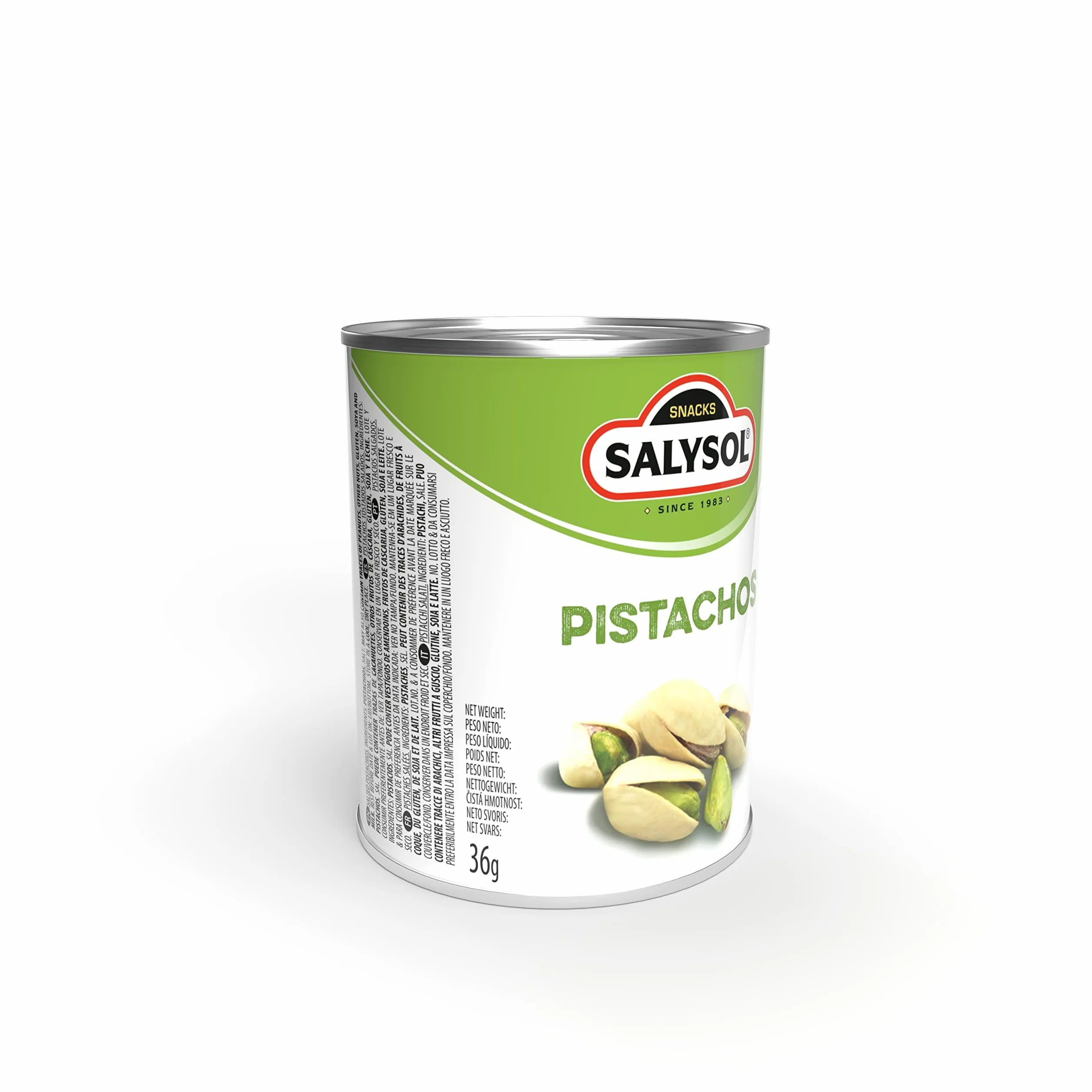 SALYSOL | Pistachos aperitivos salados envasados al vacío 10x36 gramos.