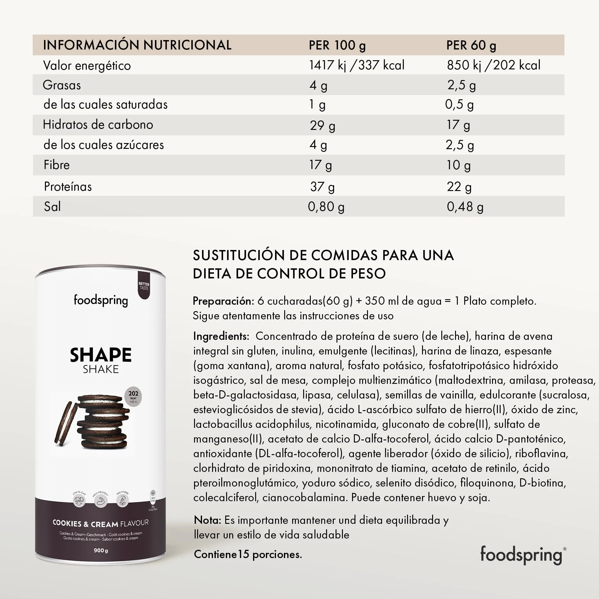 foodspring Shape Shake - batido completo, sustitutivo de comida con proteína premium para controlar el peso, 202 kcal por ración, sin gluten - 900g