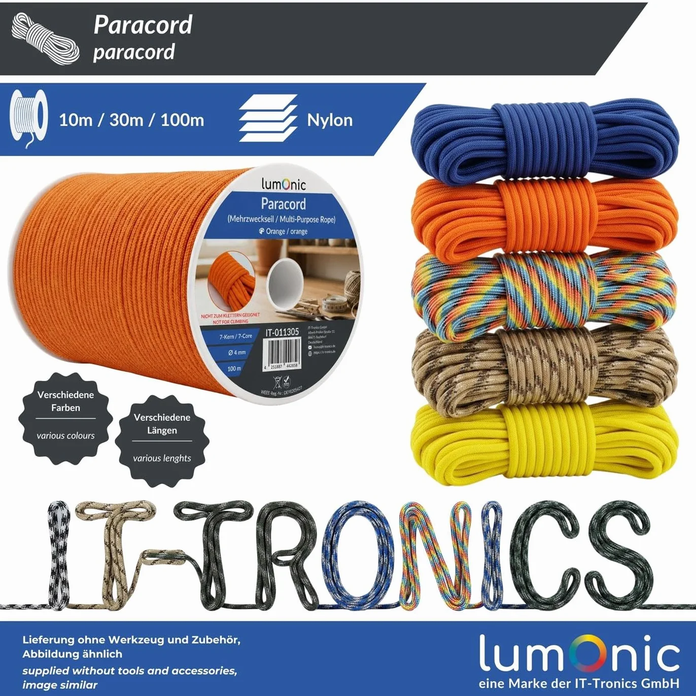 Lumonic 10m Paracord 4mm Amarillo fluorescente 100% nailon 7 núcleos 32 filamentos 250 kg