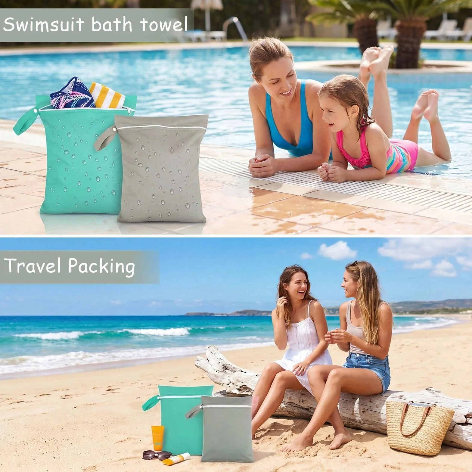 Bolsas Húmeda Seca 40x30 cm Impermeable Reutilizable con Cremallera y Asa para Hogar Natación Viaje