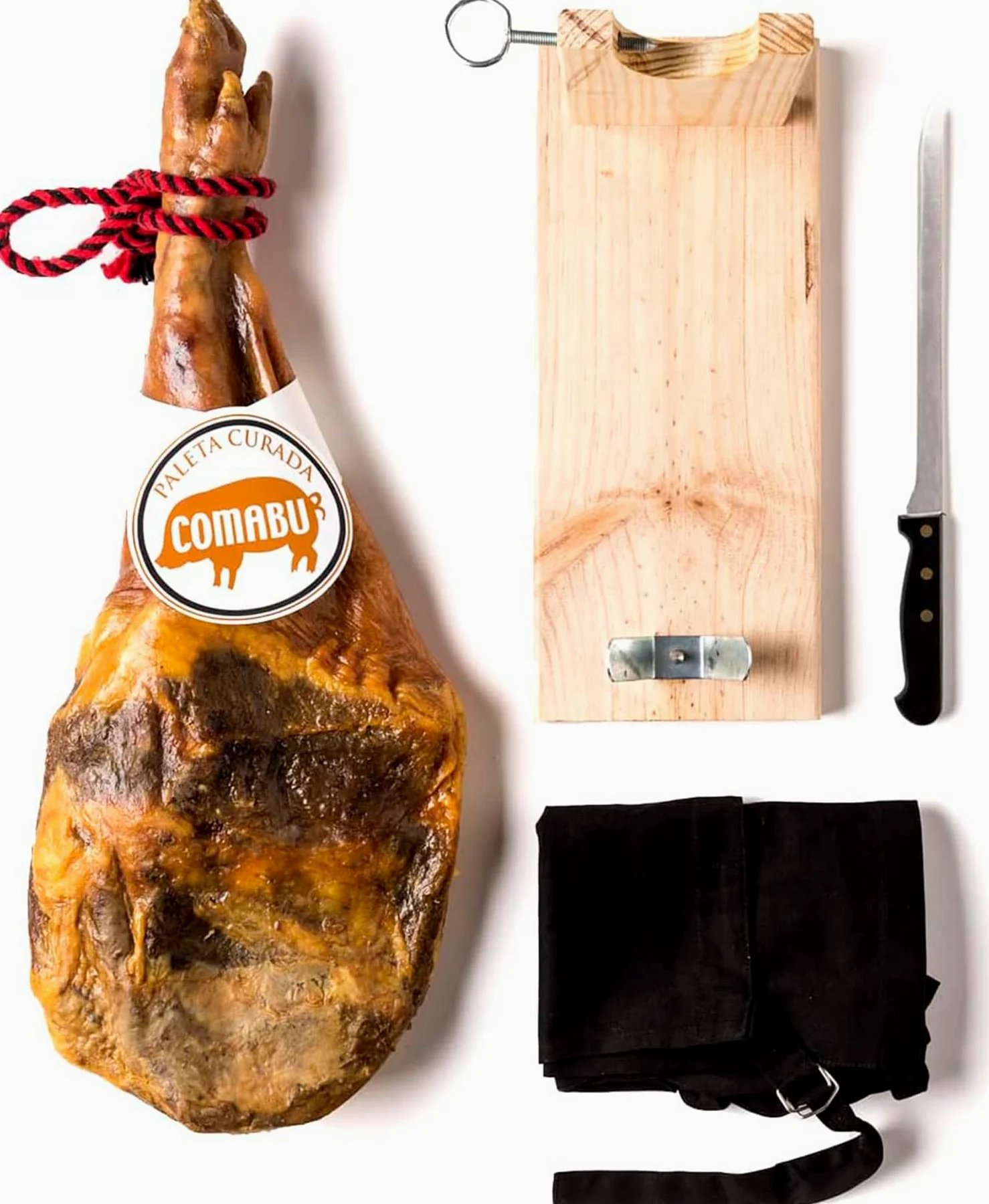 La Nevera Española | Paleta Curada, Jamonero, Cuchillo y Delantal | Peso 4,5 KG | Curación Mínima 10 meses | Jamones Comabu | El Jamón de la Nevera Española