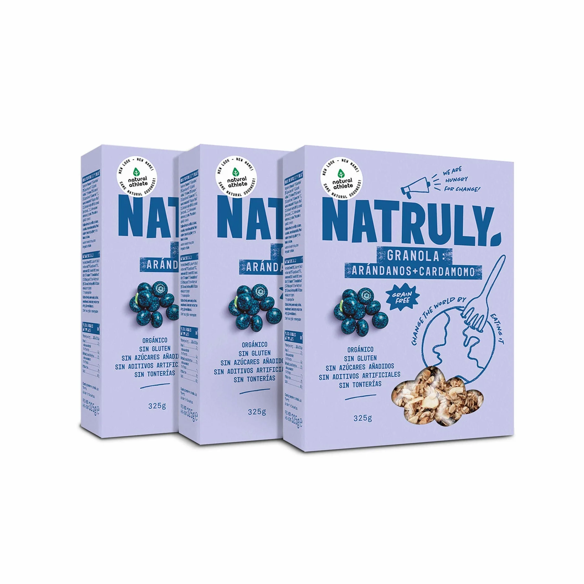 NATRULY Granola BIO Frutos Secos y Semillas Sin Cereales Sin Gluten Sin Azúcar Refinado Vegana Arándanos Pack 3x325g