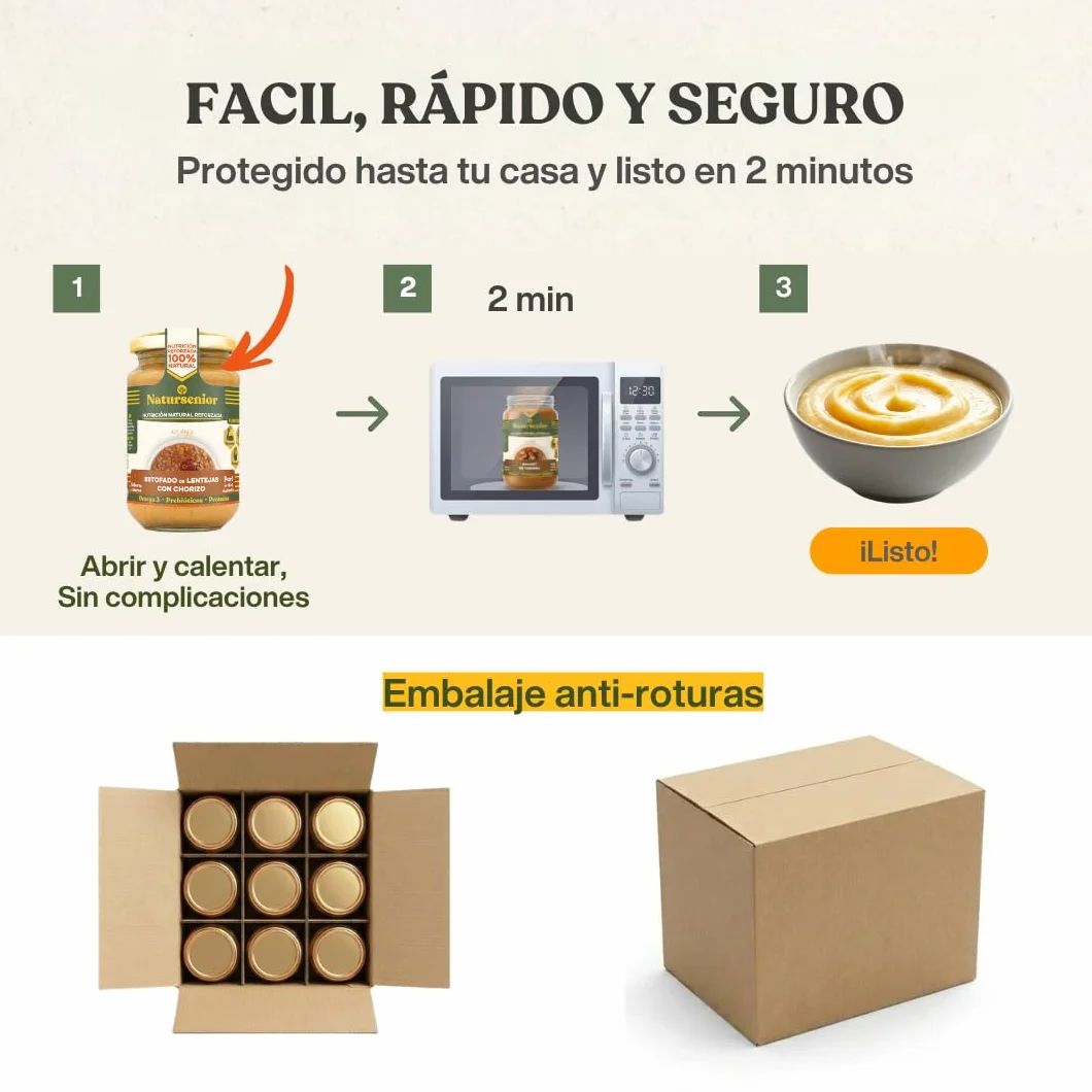 Natursenior - Comida Triturada para Personas Mayores - Pack Puré de Estofado de Lentejas con Chorizo - 100% Natural, Omega 3, Fibra, Proteína - 6 uds x 340g