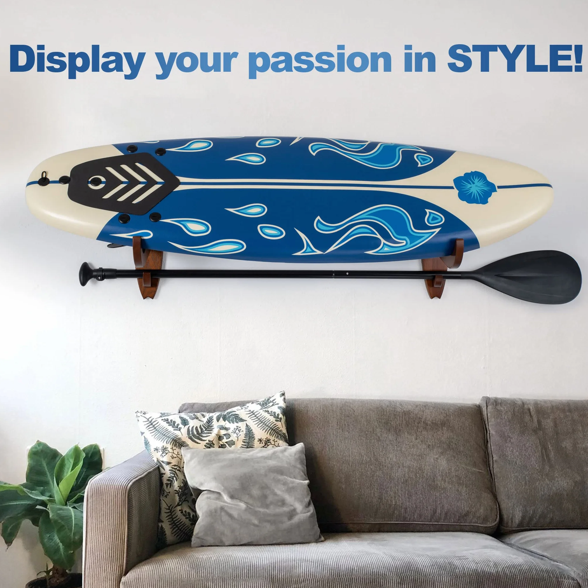 TESLYAR Soporte para tabla de surf madera de fresno acabado natural marrón grande