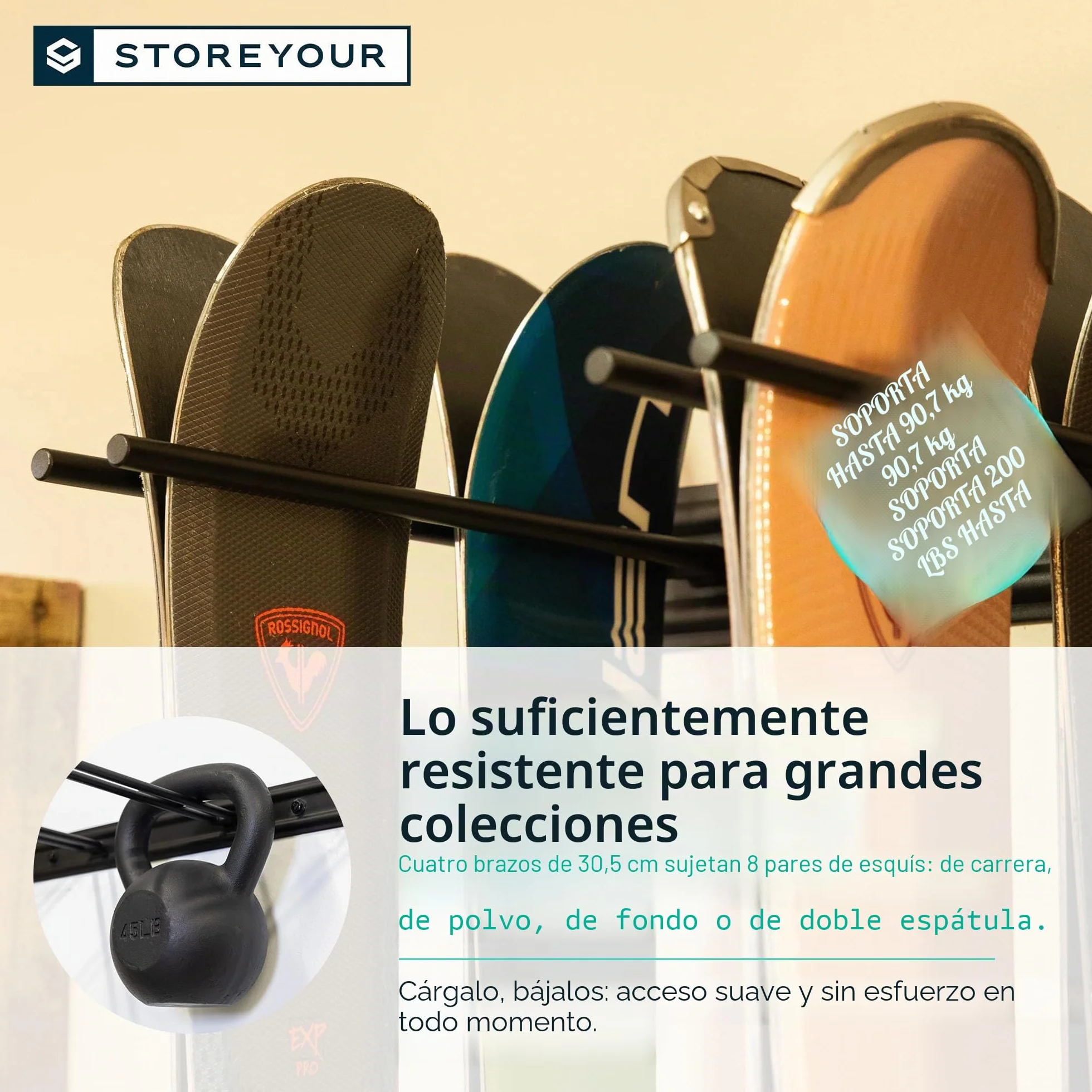 StoreYourBoard Bastidor para guardar esquís en la pared, capacidad para 8 pares, soporte de acero, Negro