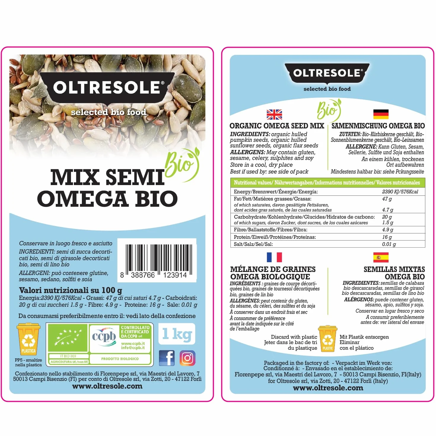 Oltresole, Mezcla De Semillas Omega Ecológicas 1 Kg (Calabaza, Girasol Y Lino), Mezcla De 3 Semillas Oleaginosas Crudas Enteras, Ricas En Proteínas, Fibra Y Omega 3