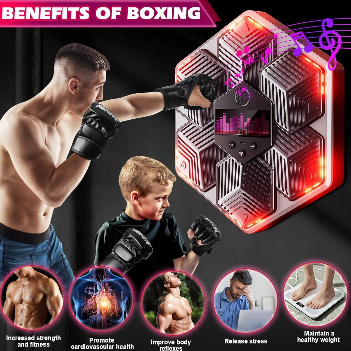 Máquina de Boxeo Musical con Bluetooth, 14 Modos, 16 Velocidades, Recuento Inteligente y Luces