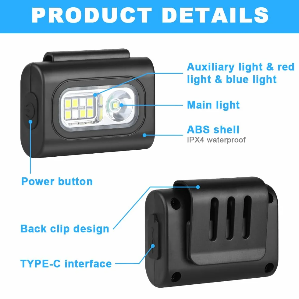 Linterna Frontal Portátil LED con Clip Magnético Ajustable, 6 Modos, Impermeable, USB Recargable