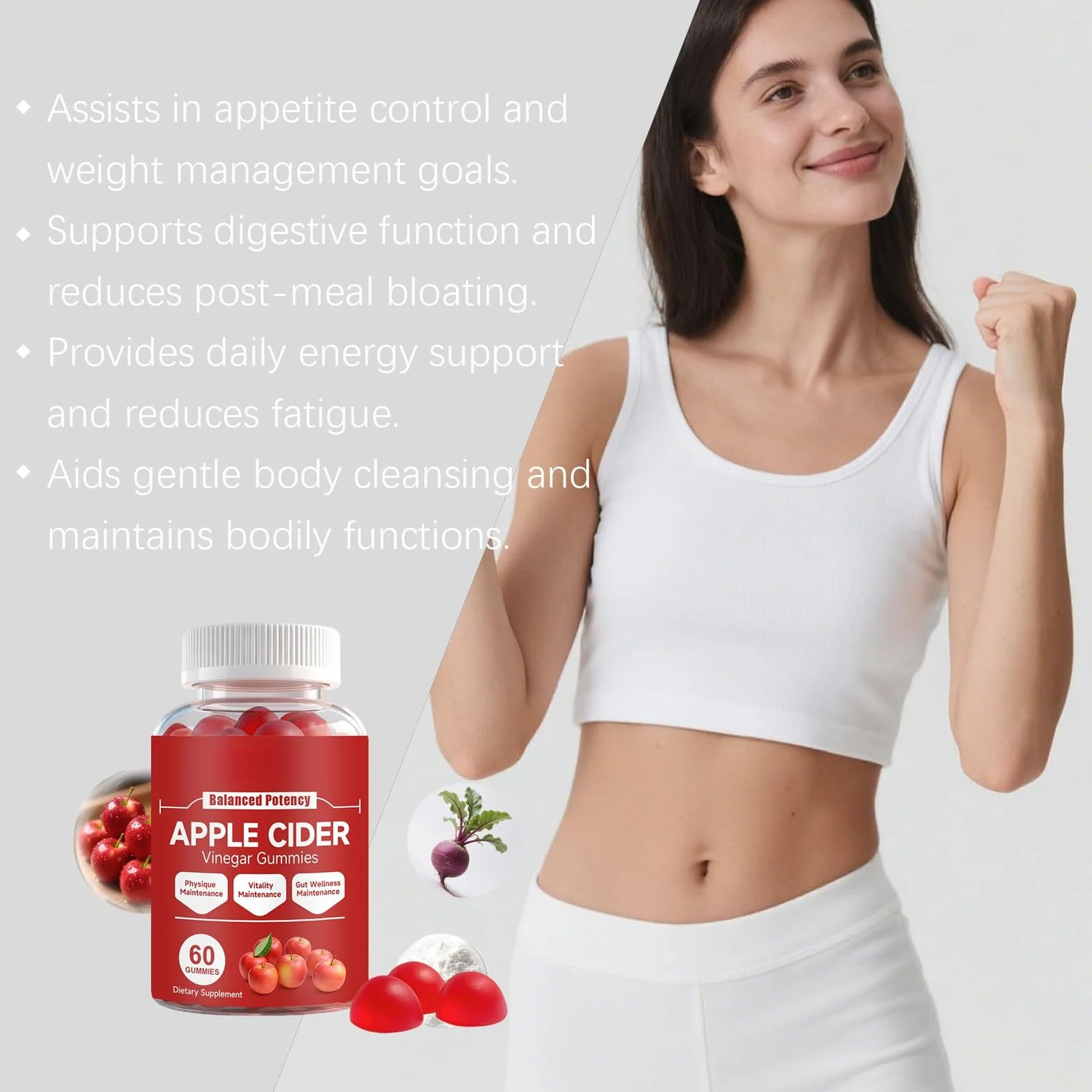 Gomitas De Vinagre Sidra Manzana For Control Del Apetito, Aumento Metabolismo, Alivio La Hinchazón Y Energía - Apoyo Digestivo Masticable, 60 Unidades(3PCS)