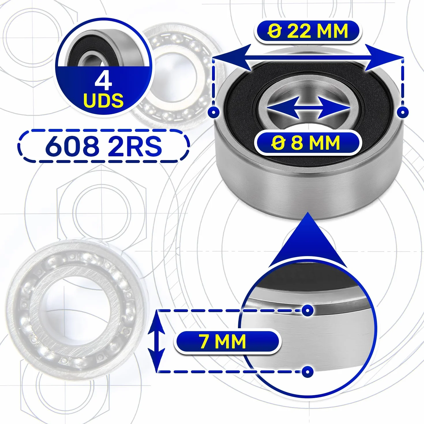 Rodamientos de Bolas 608 2RS 8x22x7 mm MONTERAL