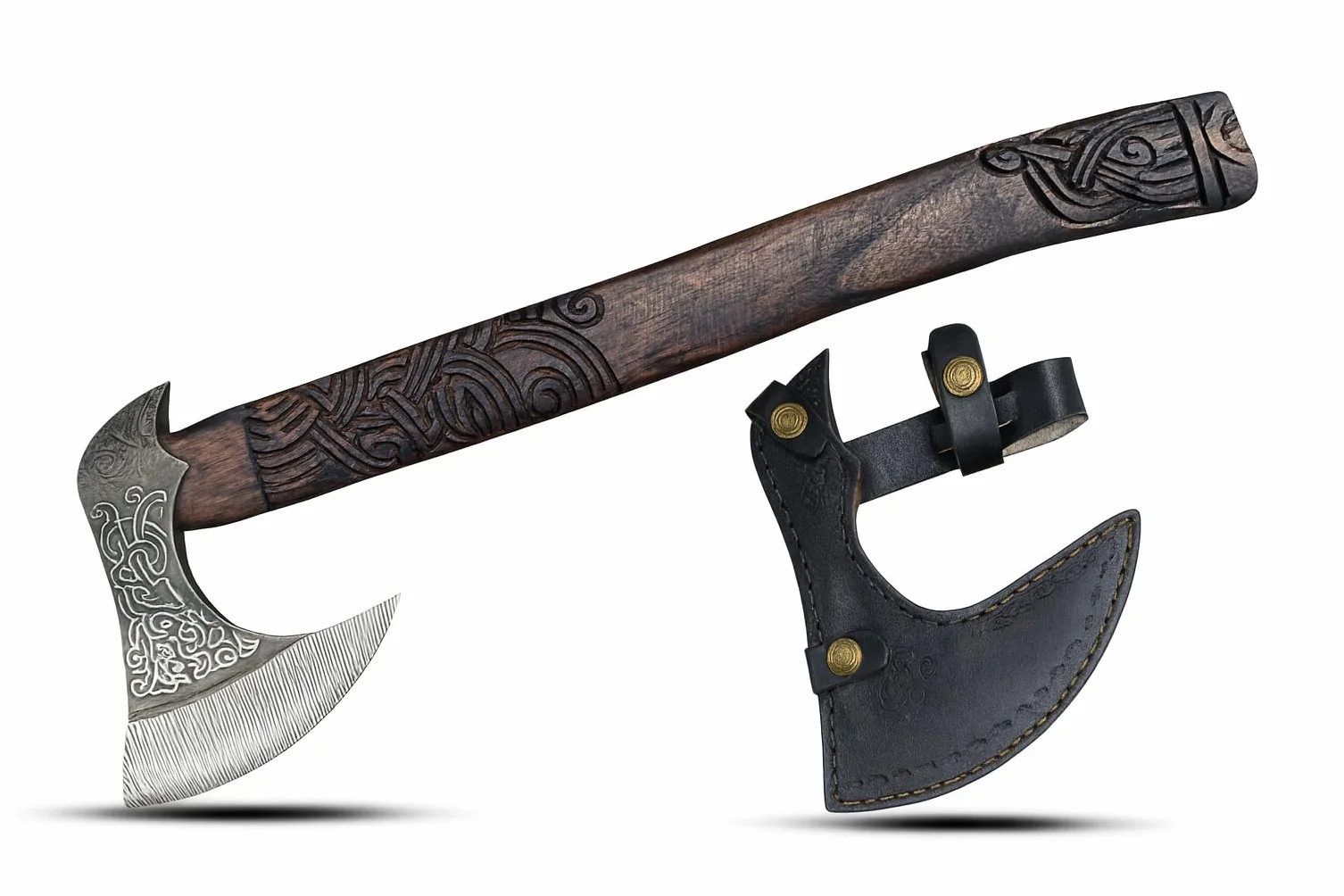 Hacha vikinga de lujo forjada a mano de acero al carbono y madera de fresno | Arte nórdico grabado