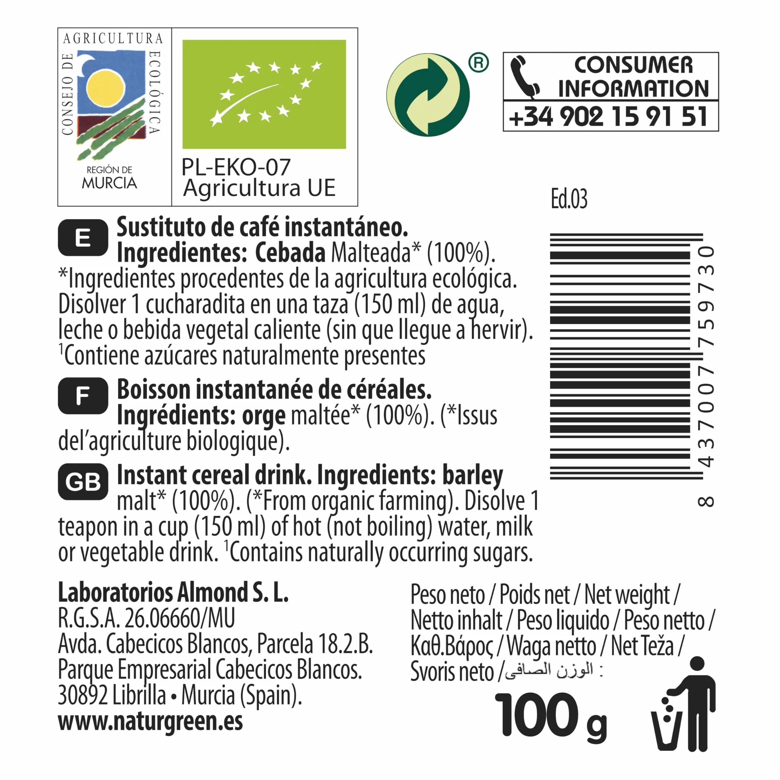 NaturGreen - BioMalta Instantánea Ecológica, Pack 6 x 100 g, Malta Soluble Bio en Polvo, Bebida de Cebada Malteada 100% Vegetal, Alternativa al Café, Sin Cafeína, Sin Lactosa, Sin Azúcar Añadido