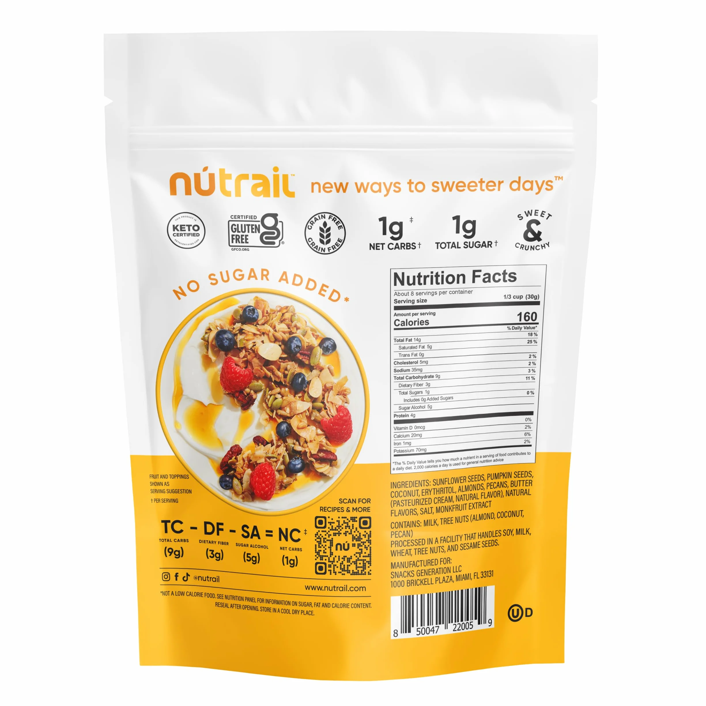 NuTrail Juego de 3 cereales de nuez, sin azúcar añadido, keto, bajo en carbohidratos, sin gluten, sin cereales, desayuno saludable, 237 ml