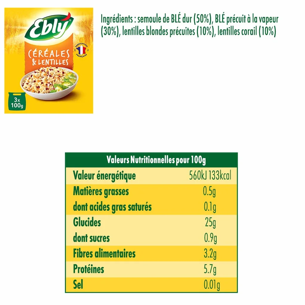 EBLY Céréales & Lentilles Couscous/Blé/Lentilles Corail/Blondes Cuisson 10 Minutes 3 Sachets de 100 g