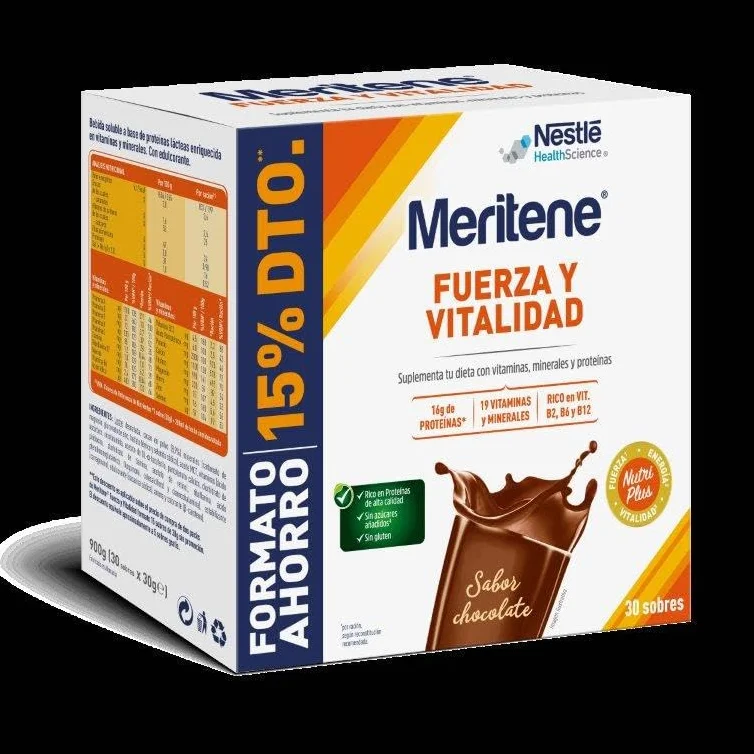 Meritene Batidos Sabor Chocolate Fuerza y Vitalidad Proteínas Vitaminas Minerales 30 Sobres 900 gr
