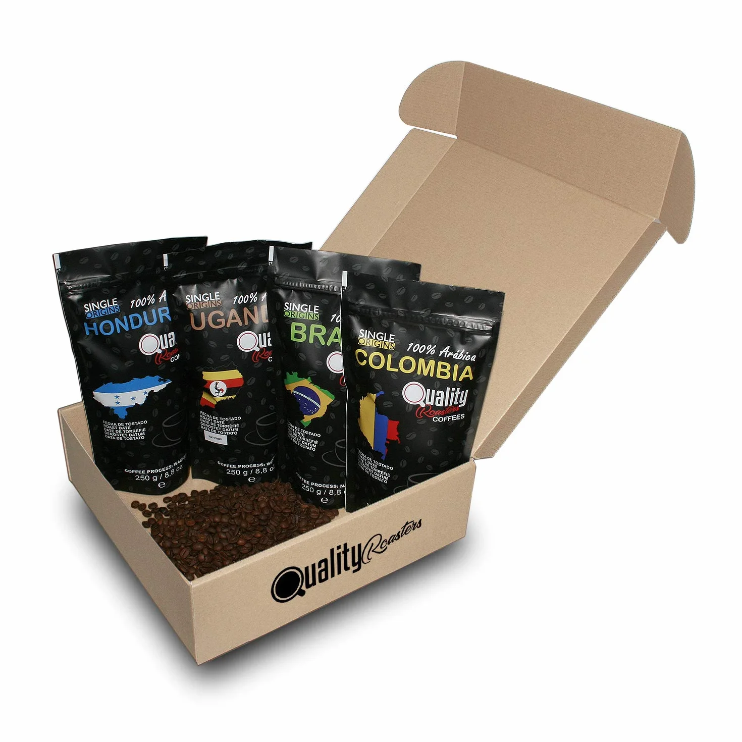 Quality Roasters Coffees. Café en grano Natural. 100% Arábica. Cuatro orígenes: Colombia, Brasil, Honduras y Uganda. Tueste medio. 4x250 gr